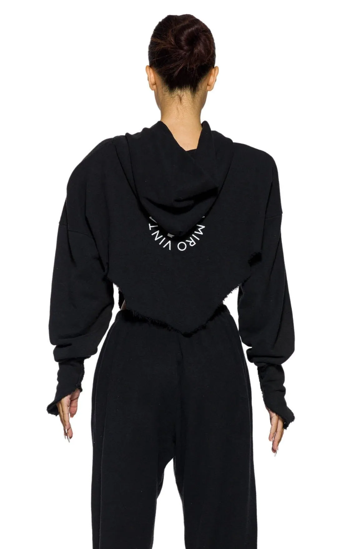 V CUT ZIP-UP HOODIE IN BLACK TERRY