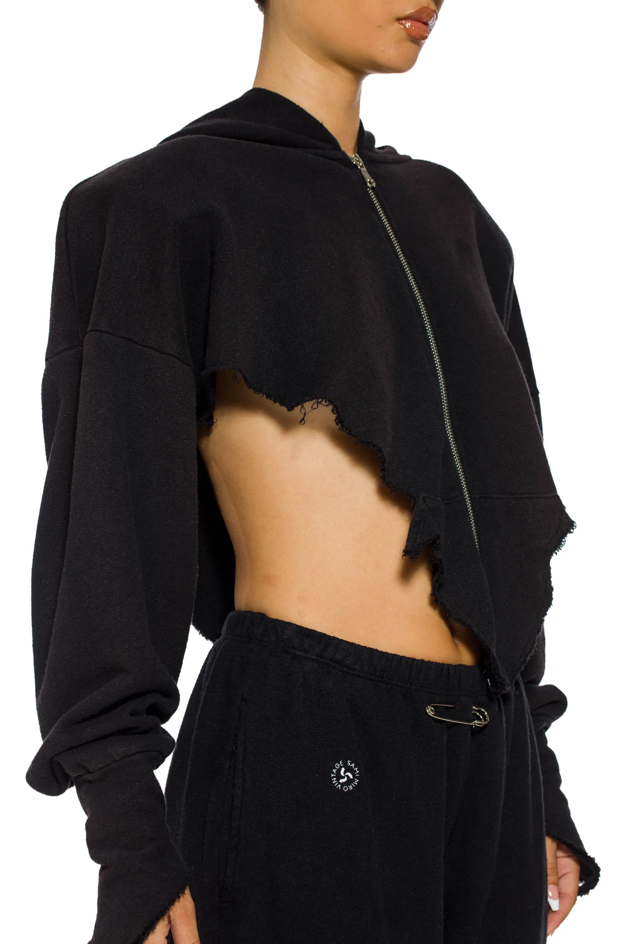 V CUT ZIP-UP HOODIE IN BLACK TERRY