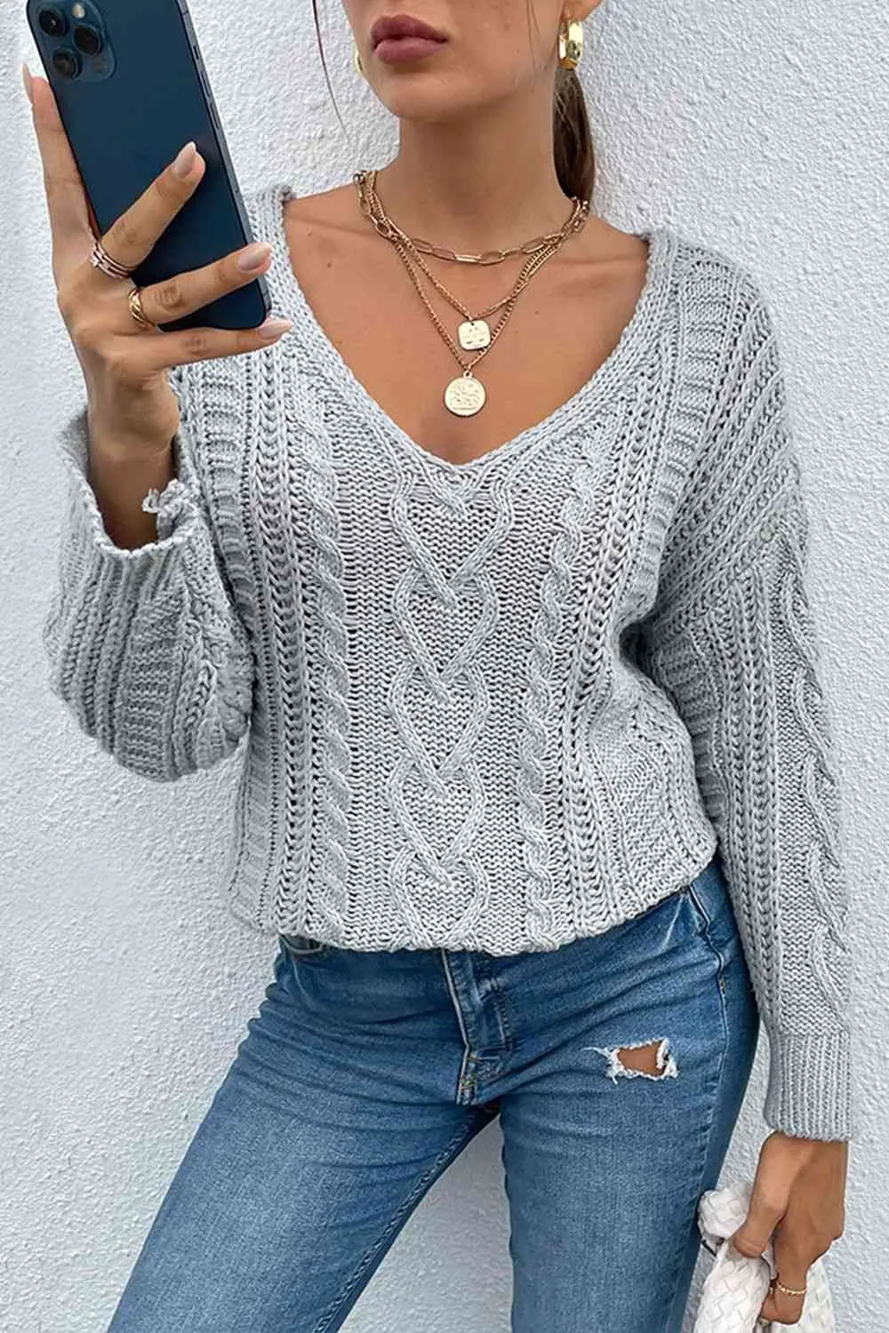 V-Neck Cable-Knit Long Sleeve Sweater