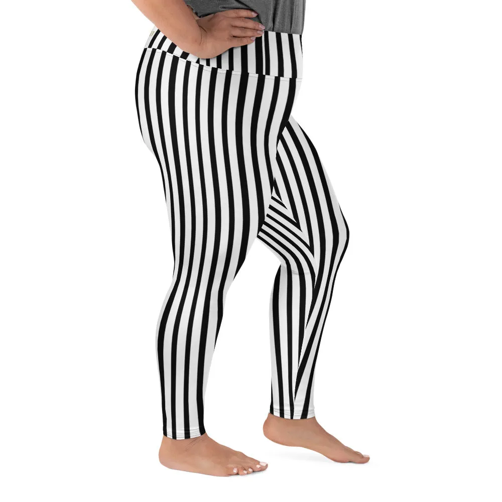 Vertical Striped Plus Size Tights, Best Black White Stripe Print Women's Plus Size Leggings Tights- Made in USA/ EU