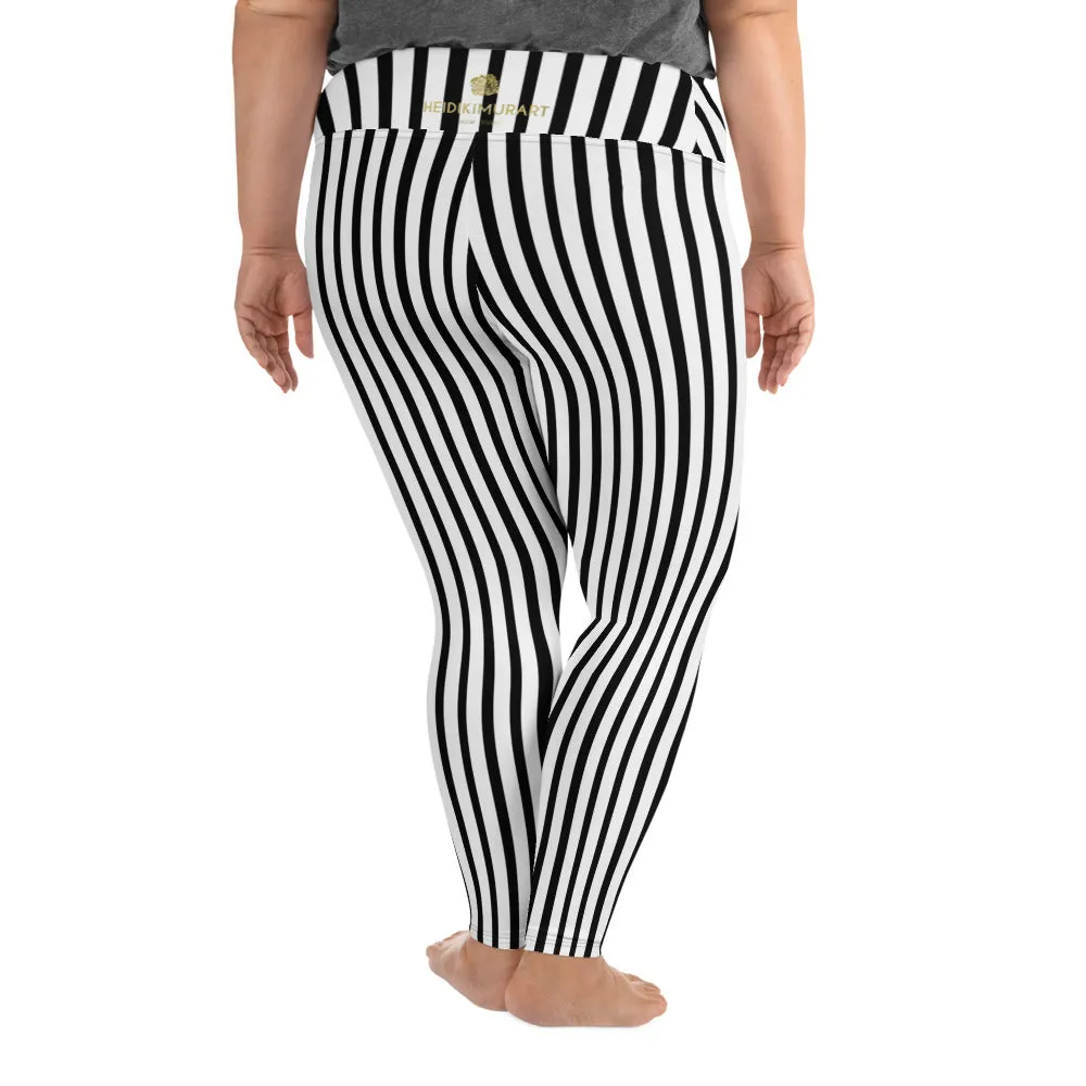 Vertical Striped Plus Size Tights, Best Black White Stripe Print Women's Plus Size Leggings Tights- Made in USA/ EU