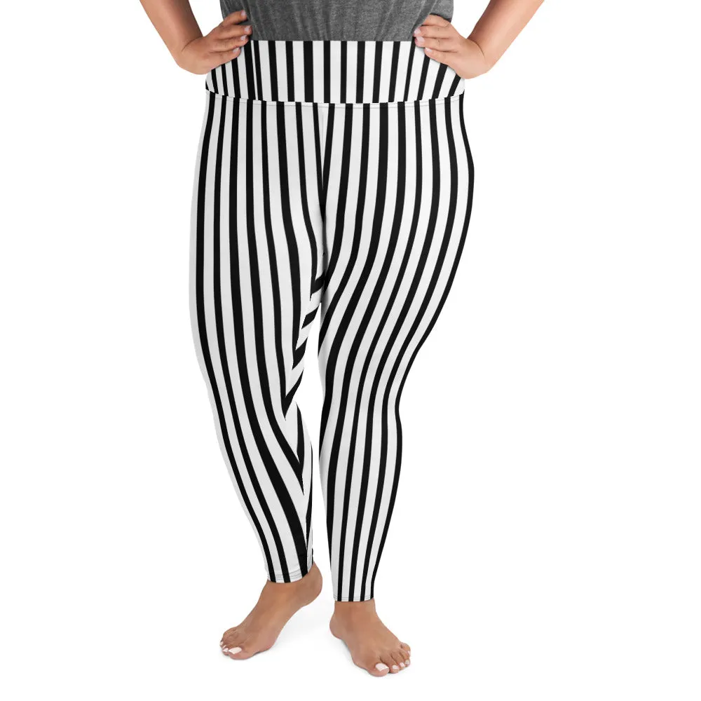 Vertical Striped Plus Size Tights, Best Black White Stripe Print Women's Plus Size Leggings Tights- Made in USA/ EU