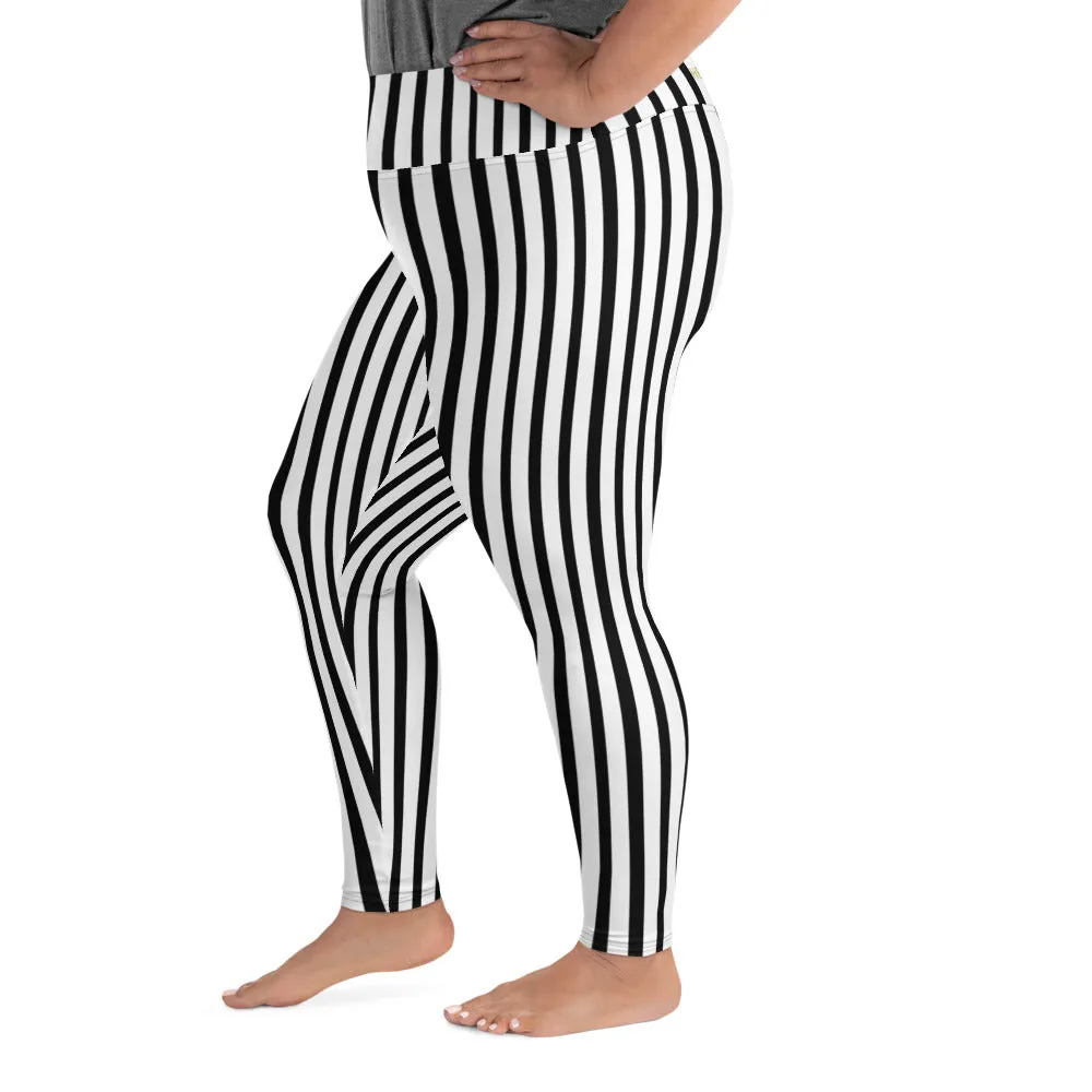 Vertical Striped Plus Size Tights, Best Black White Stripe Print Women's Plus Size Leggings Tights- Made in USA/ EU