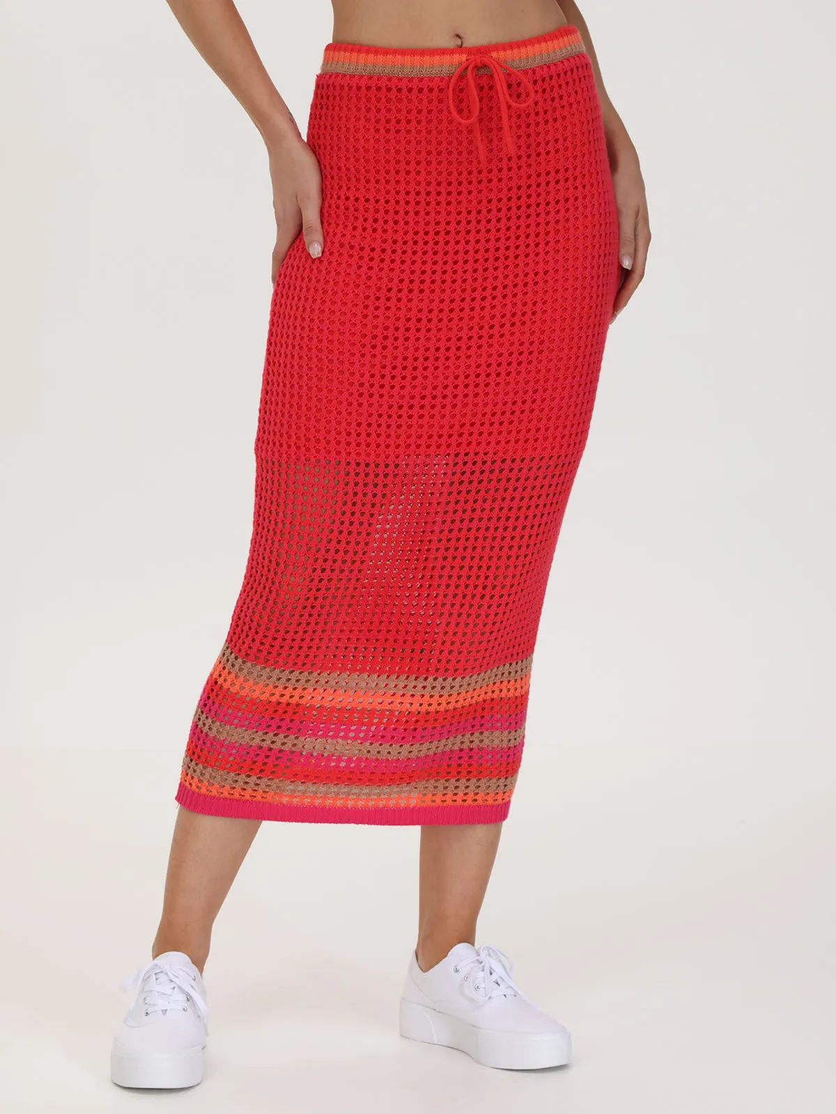 Vienna: 100% Cotton Stripe Pointelle Midi Skirt