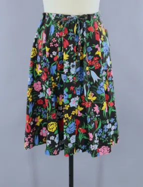 Vintage 1970s Novelty Print Skirt / Black Floral Print