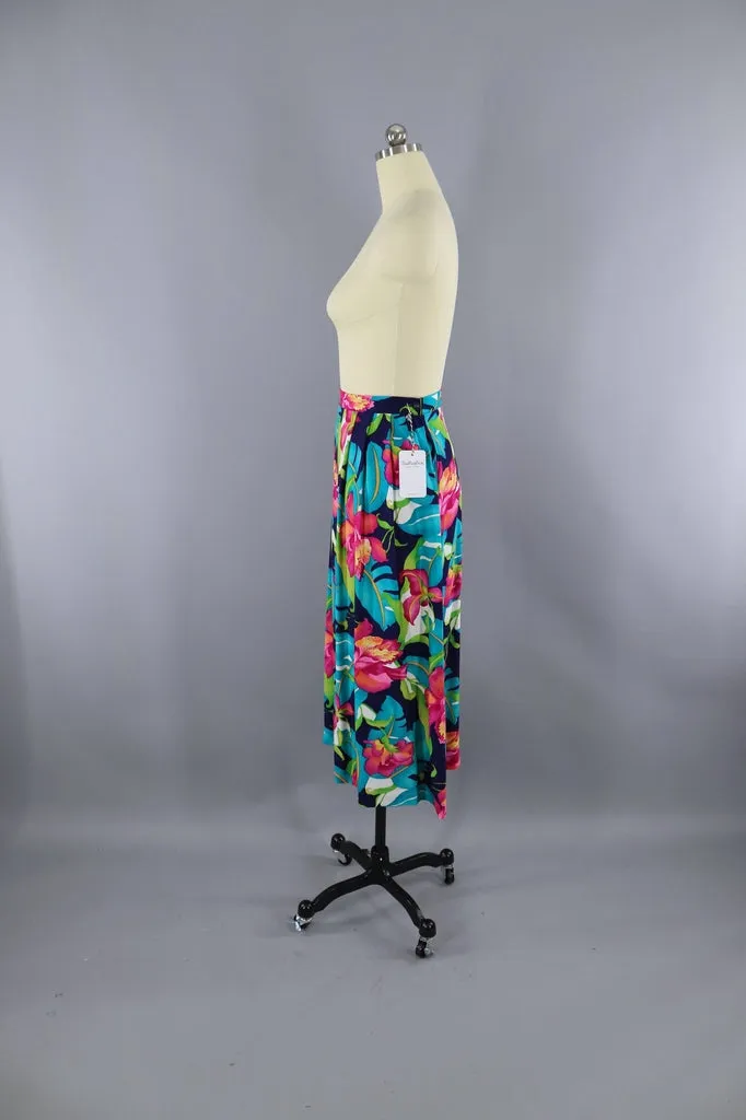 Vintage 1980s Tropical Hawaiian Print Skirt / Orchid Floral