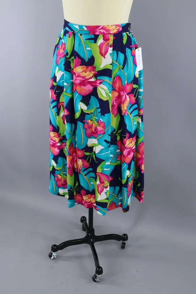 Vintage 1980s Tropical Hawaiian Print Skirt / Orchid Floral