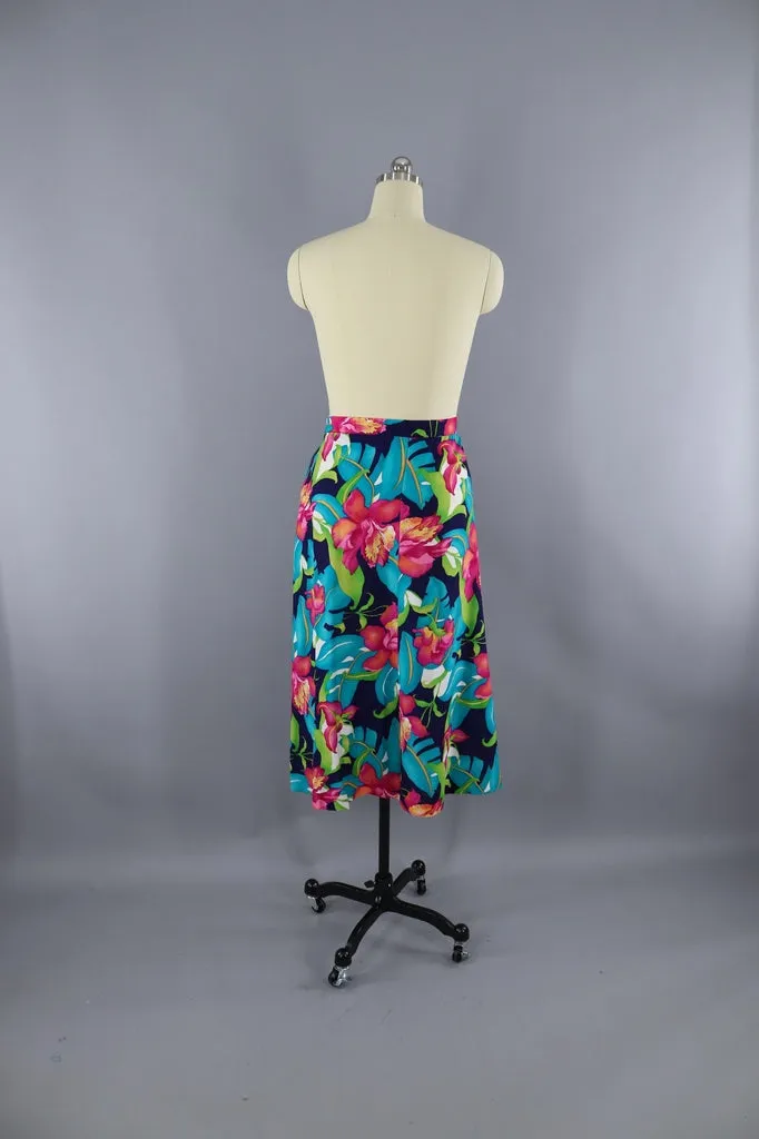 Vintage 1980s Tropical Hawaiian Print Skirt / Orchid Floral