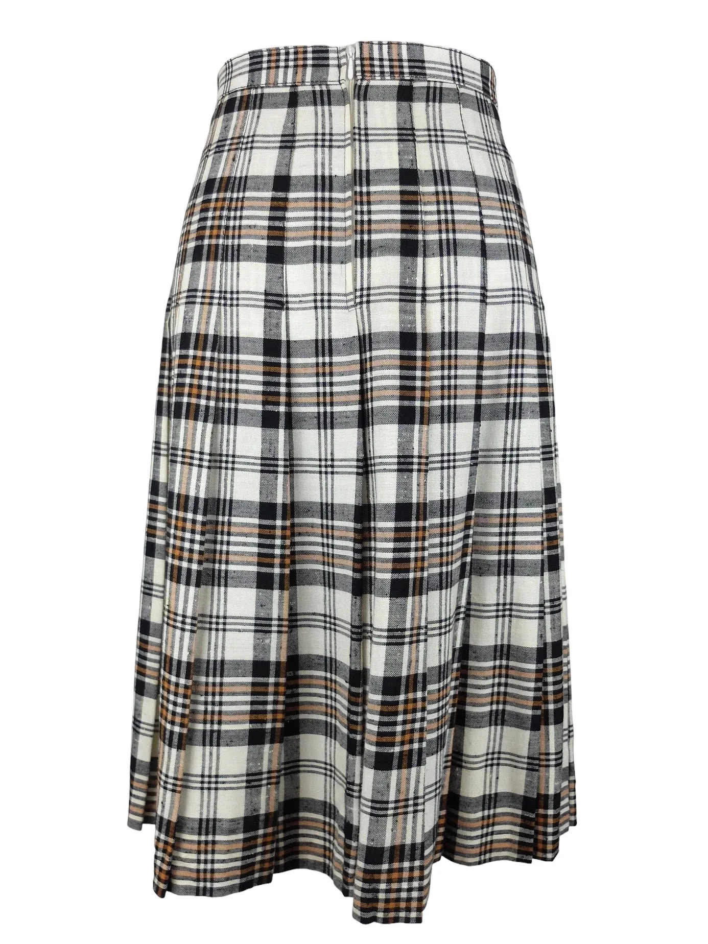 Vintage 70s Mod Preppy Academia Schoolgirl Style High Waisted Black White & Orange Plaid Check Print Pleated A-Line Midi Skirt | 28 Inch Waist