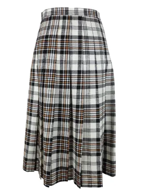 Vintage 70s Mod Preppy Academia Schoolgirl Style High Waisted Black White & Orange Plaid Check Print Pleated A-Line Midi Skirt | 28 Inch Waist