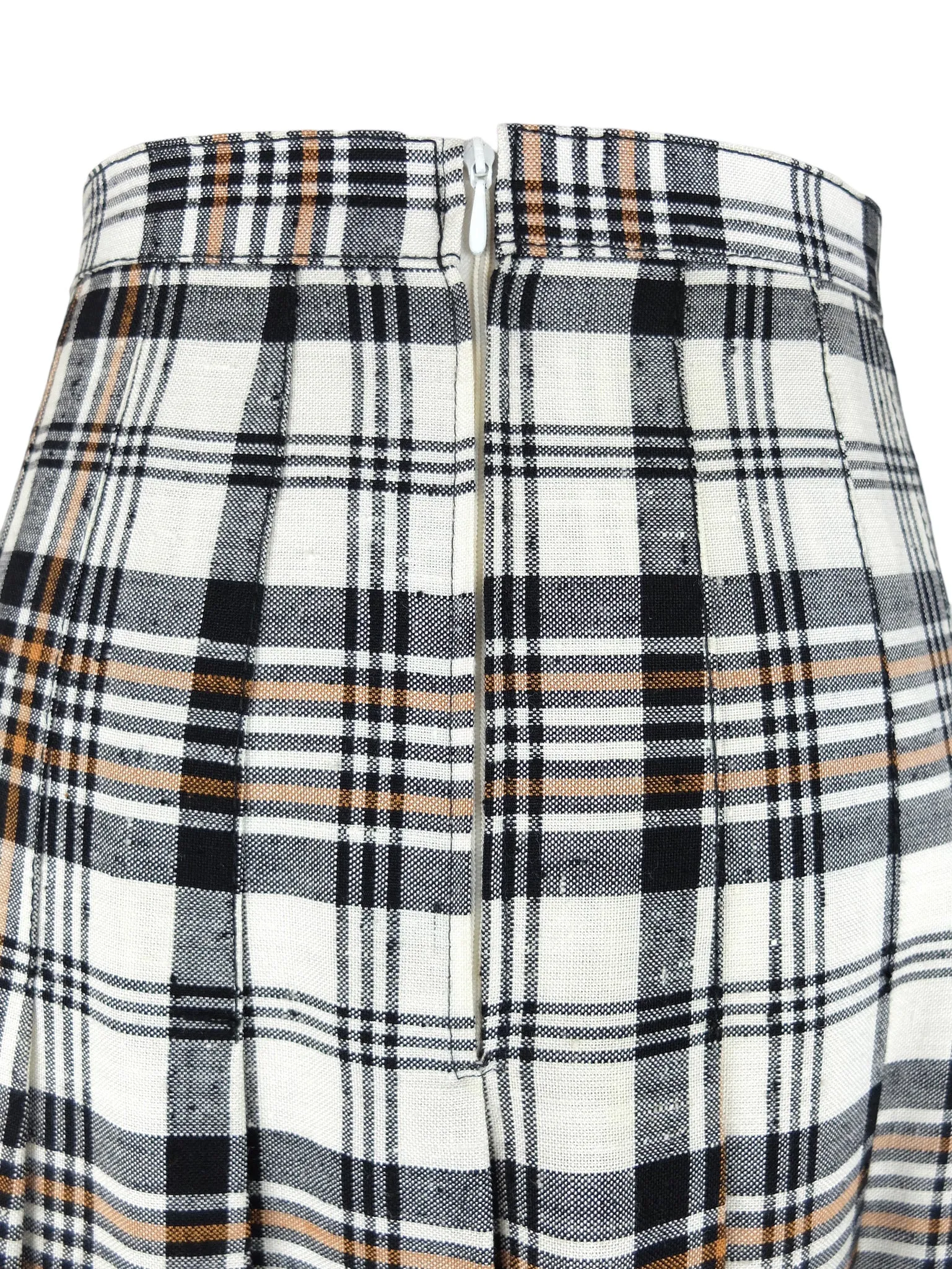 Vintage 70s Mod Preppy Academia Schoolgirl Style High Waisted Black White & Orange Plaid Check Print Pleated A-Line Midi Skirt | 28 Inch Waist