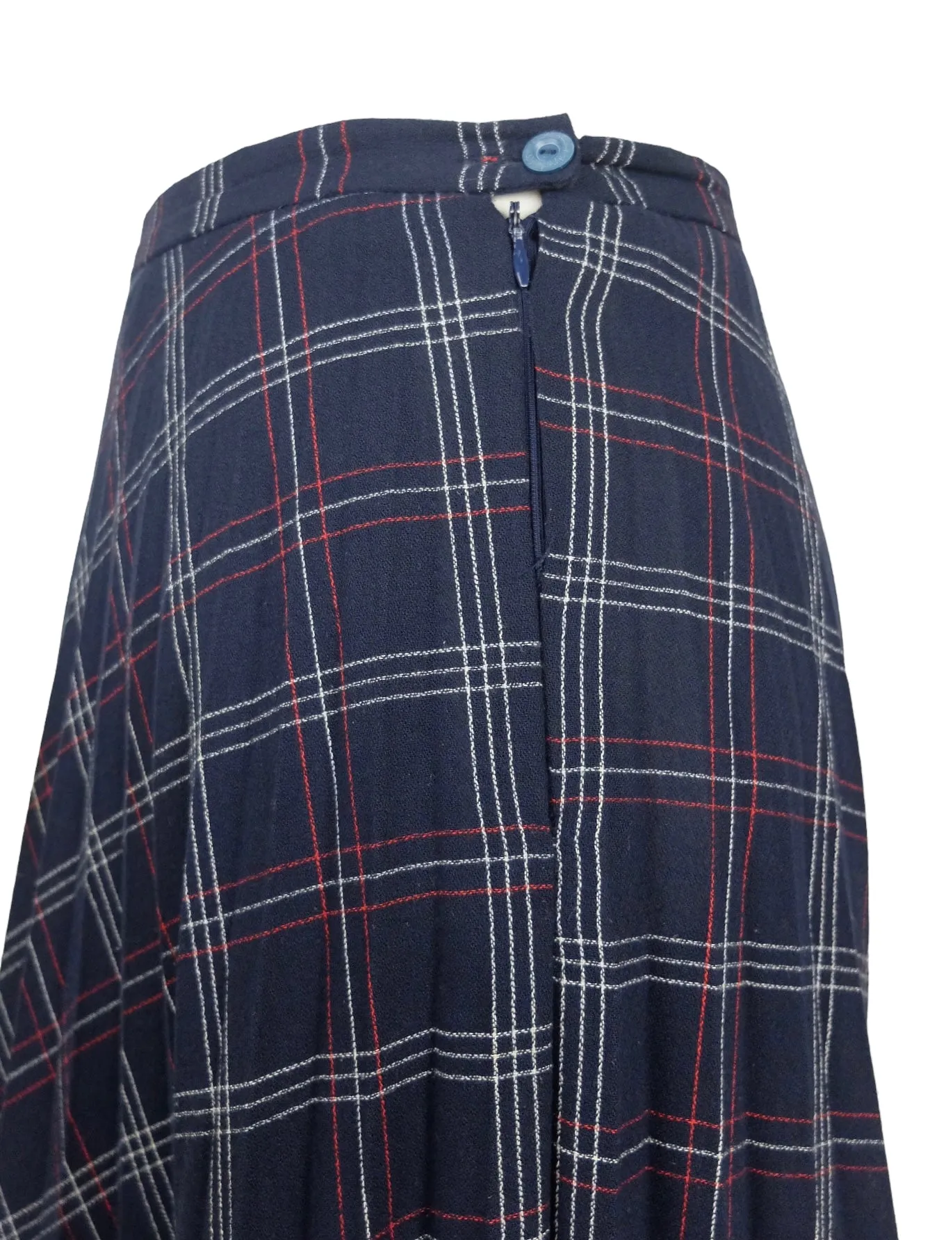 Vintage 70s Mod Preppy Schoolgirl Academia High Waisted Check Print Plaid Midi Circle Skirt | 29 Inch Waist