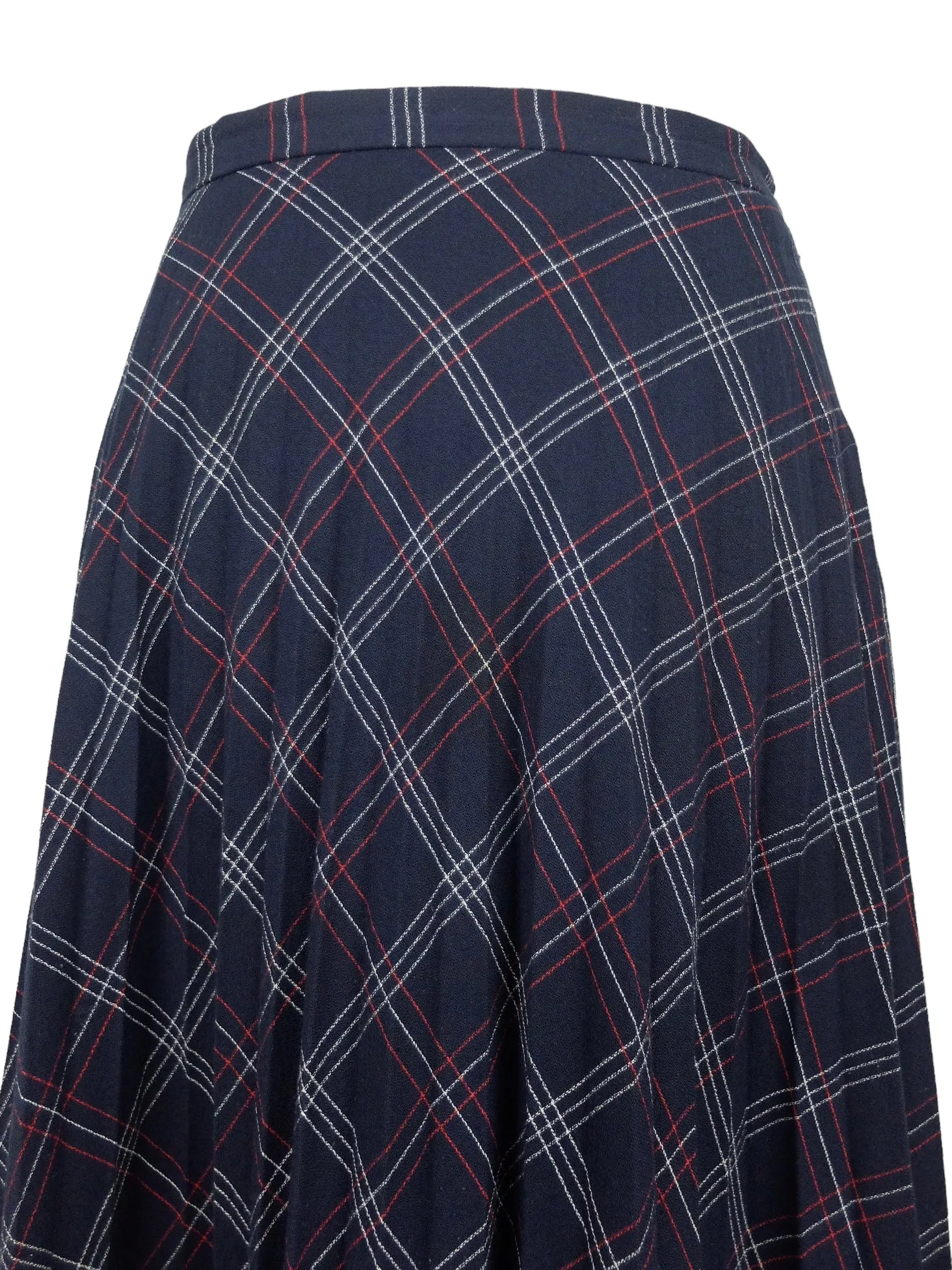 Vintage 70s Mod Preppy Schoolgirl Academia High Waisted Check Print Plaid Midi Circle Skirt | 29 Inch Waist