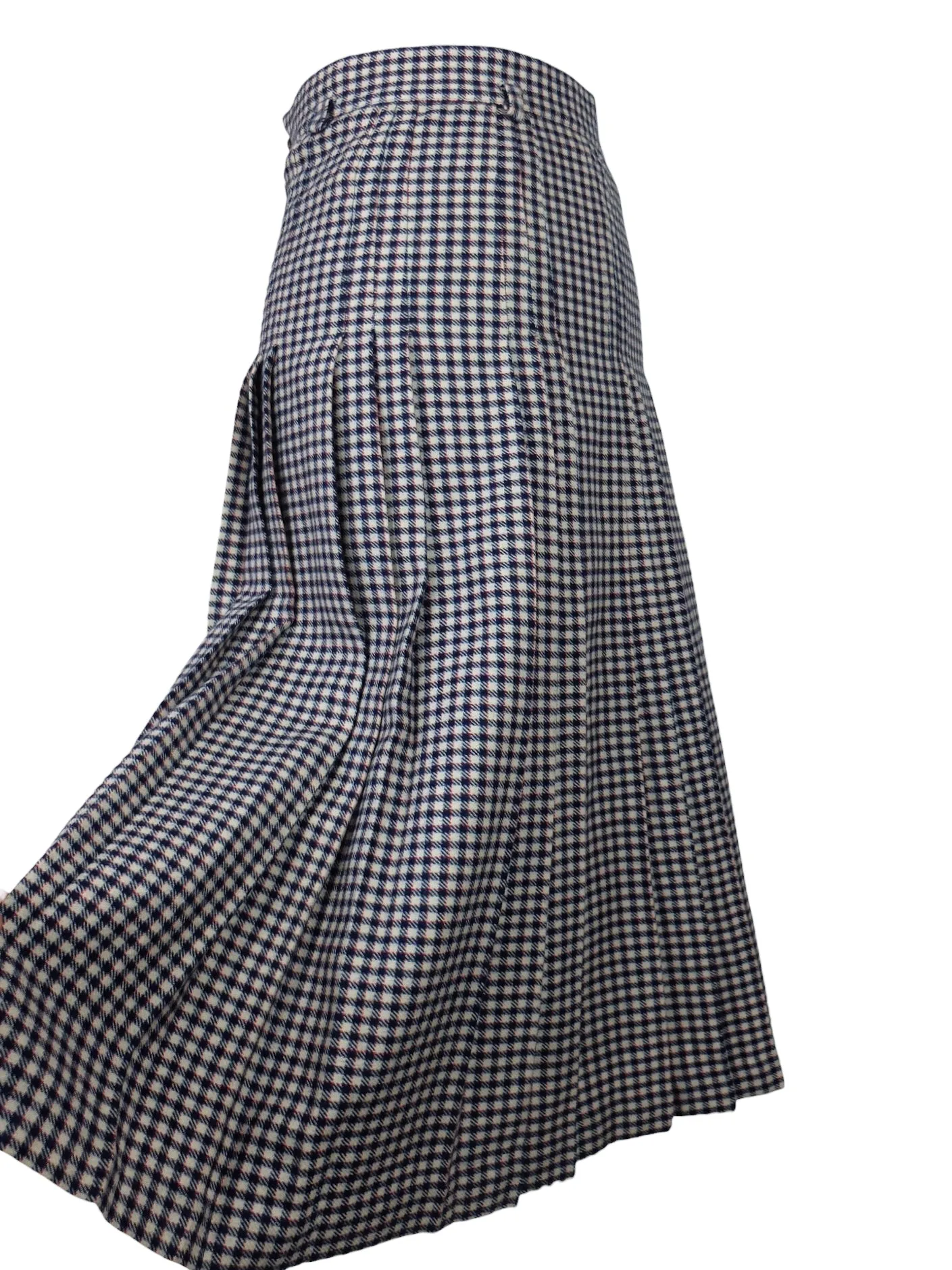 Vintage 70s Wool Mod High Waisted Chic Preppy Black & White Gingham Check Print A-Line Pleated Midi Skirt | 24 Inch Waist