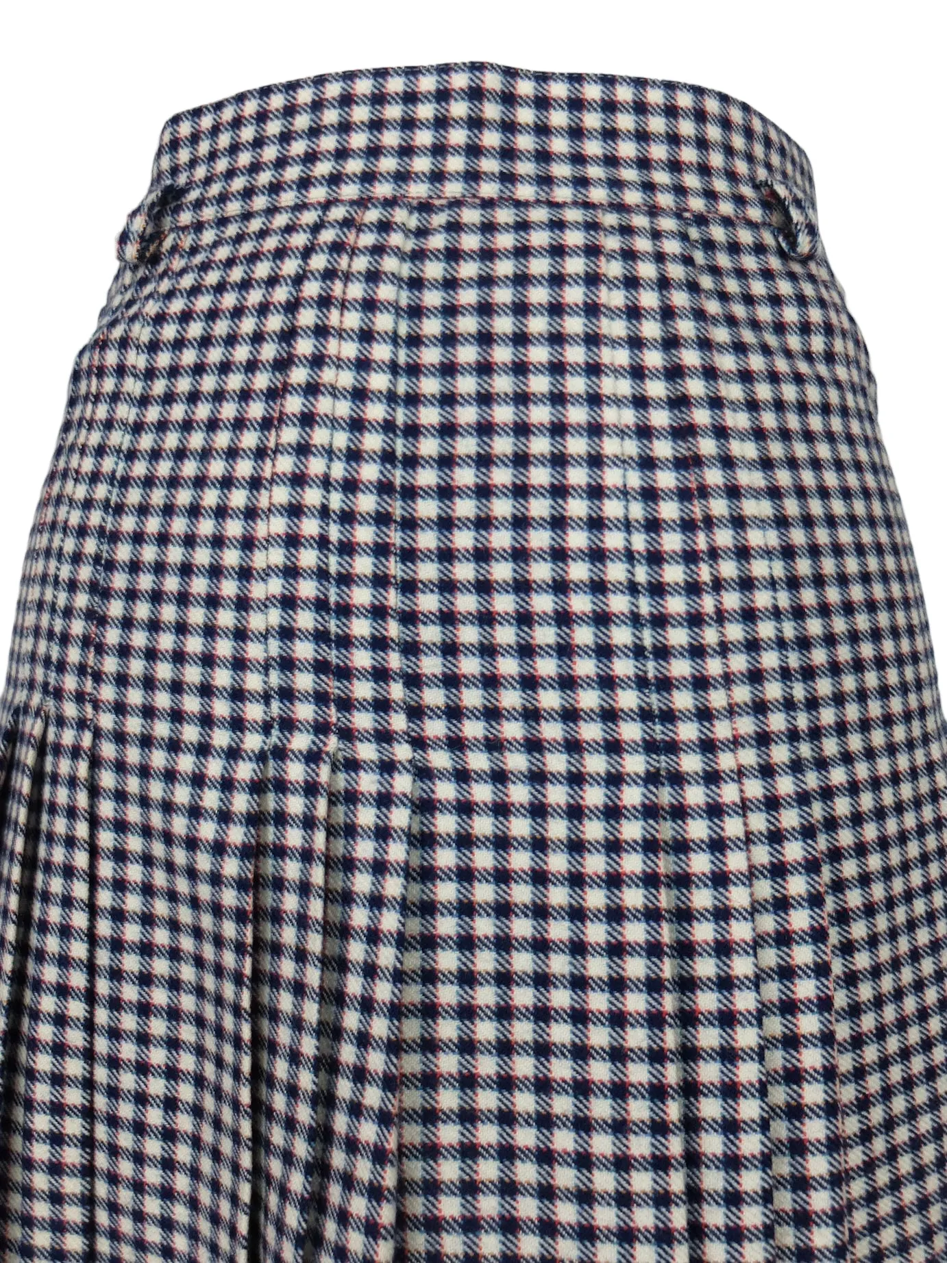 Vintage 70s Wool Mod High Waisted Chic Preppy Black & White Gingham Check Print A-Line Pleated Midi Skirt | 24 Inch Waist