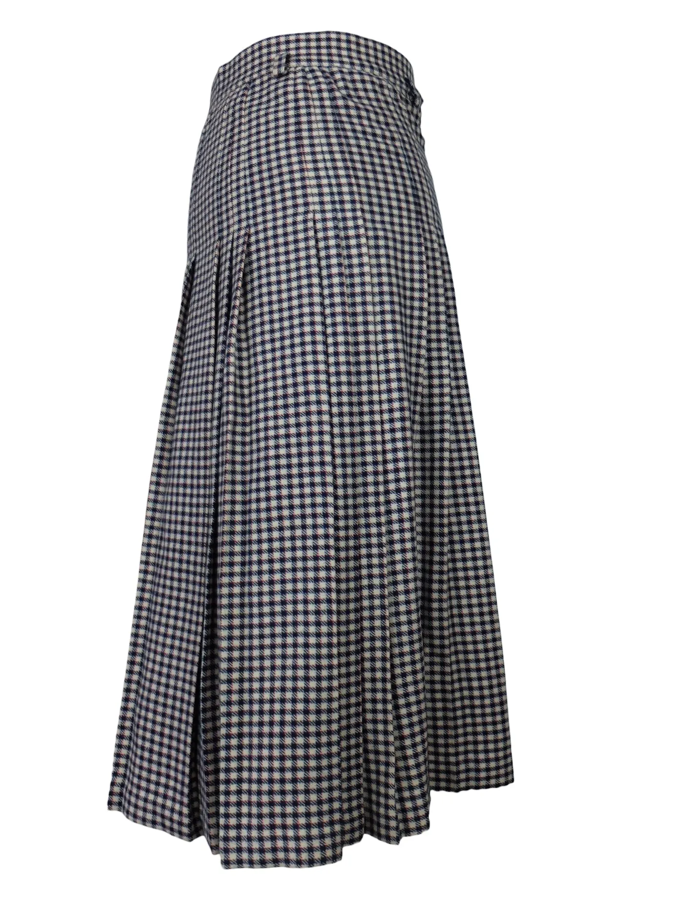 Vintage 70s Wool Mod High Waisted Chic Preppy Black & White Gingham Check Print A-Line Pleated Midi Skirt | 24 Inch Waist