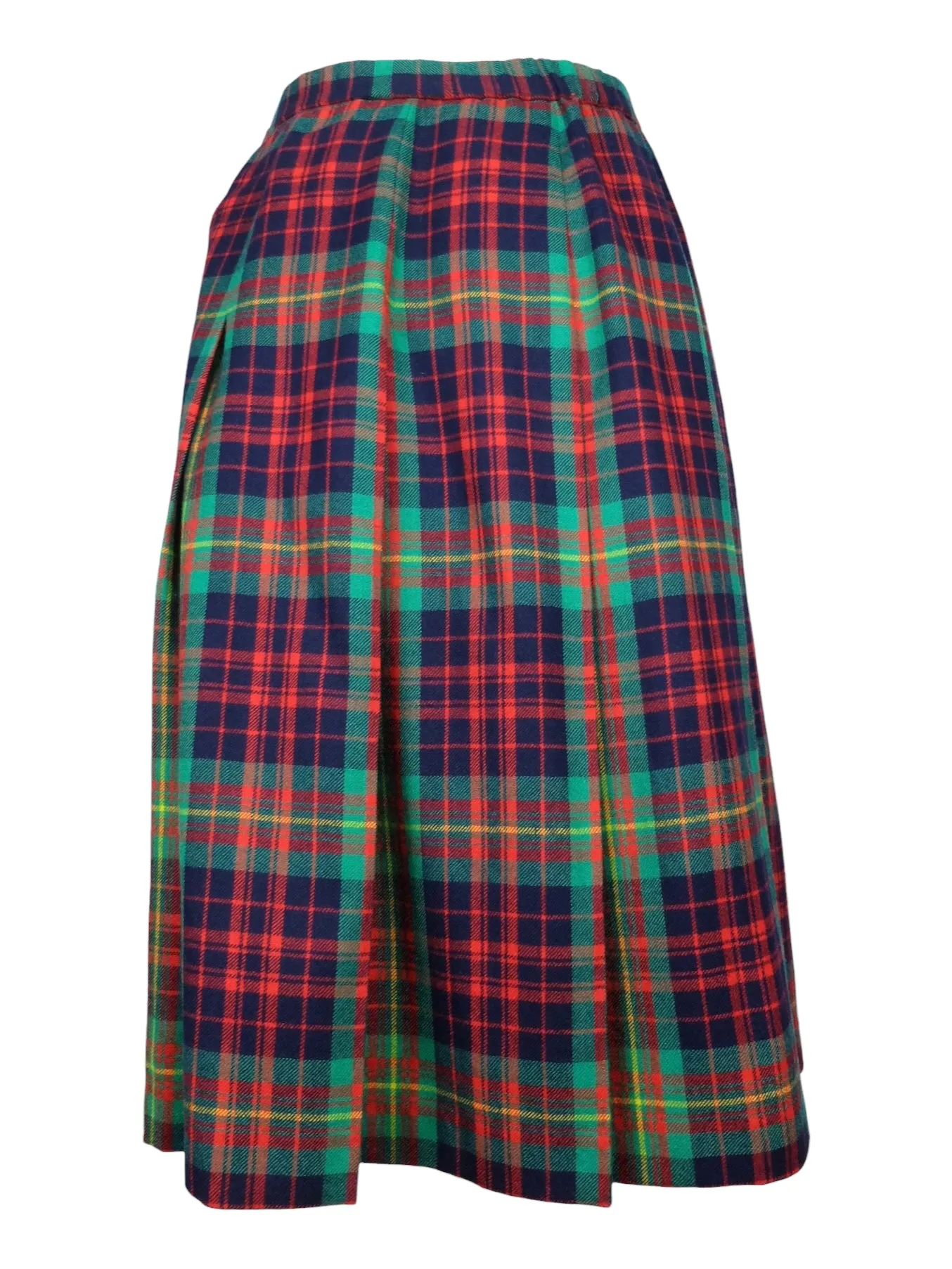 Vintage 70s Wool Mod Schoolgirl Academia Preppy Punk Green Blue & Red Tartan Plaid Check Print A-Line Pleated Midi Skirt | 27 Inch Waist