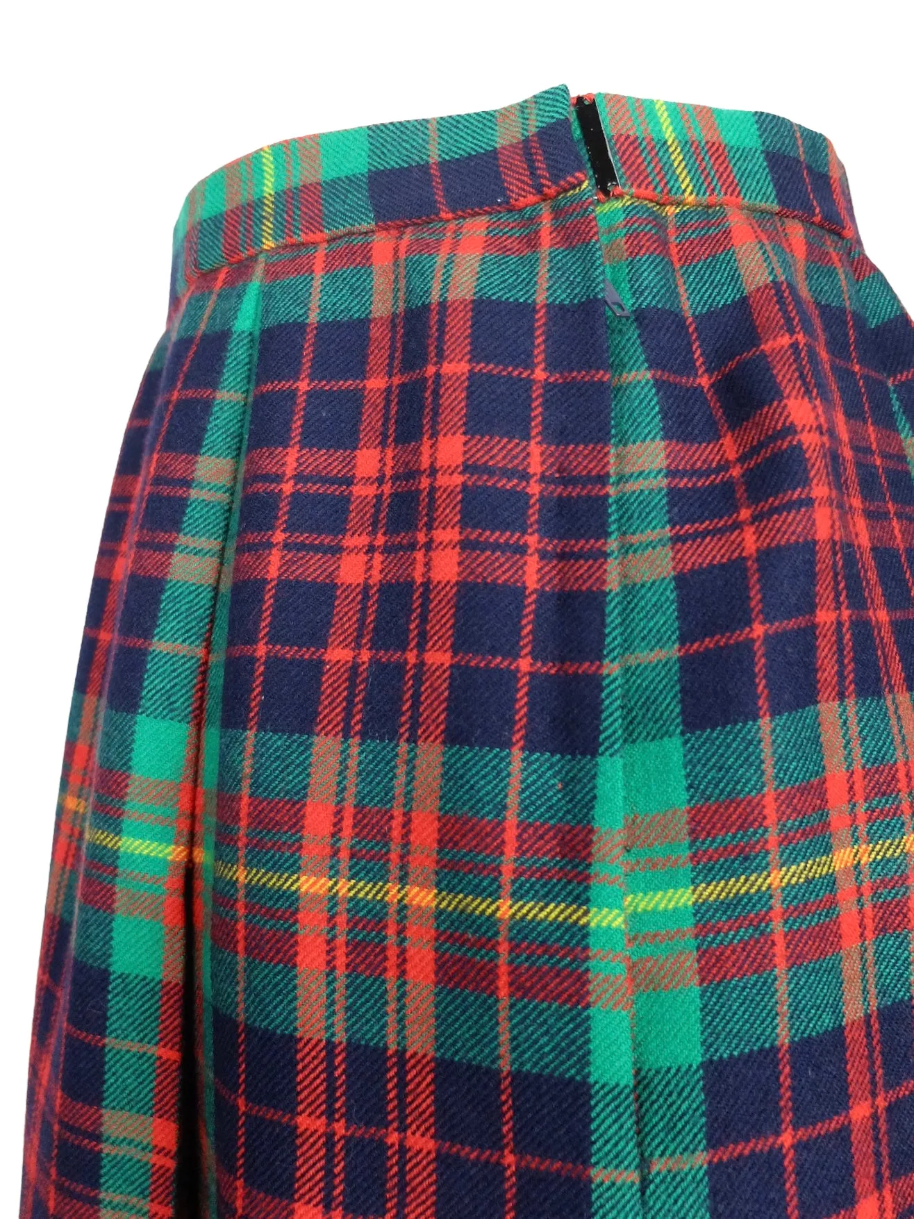 Vintage 70s Wool Mod Schoolgirl Academia Preppy Punk Green Blue & Red Tartan Plaid Check Print A-Line Pleated Midi Skirt | 27 Inch Waist