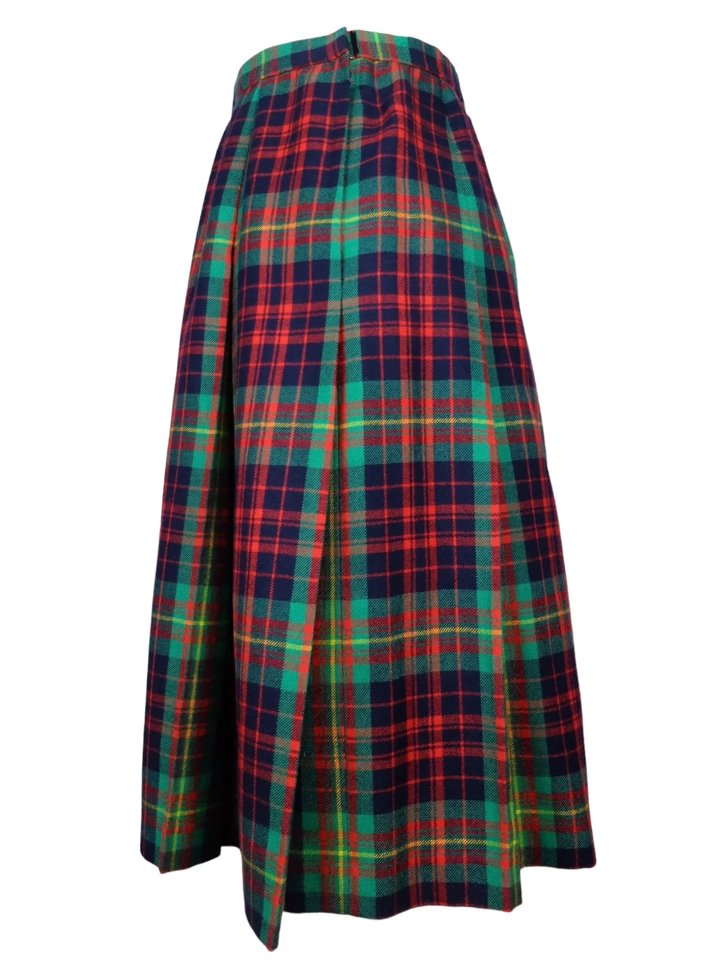 Vintage 70s Wool Mod Schoolgirl Academia Preppy Punk Green Blue & Red Tartan Plaid Check Print A-Line Pleated Midi Skirt | 27 Inch Waist