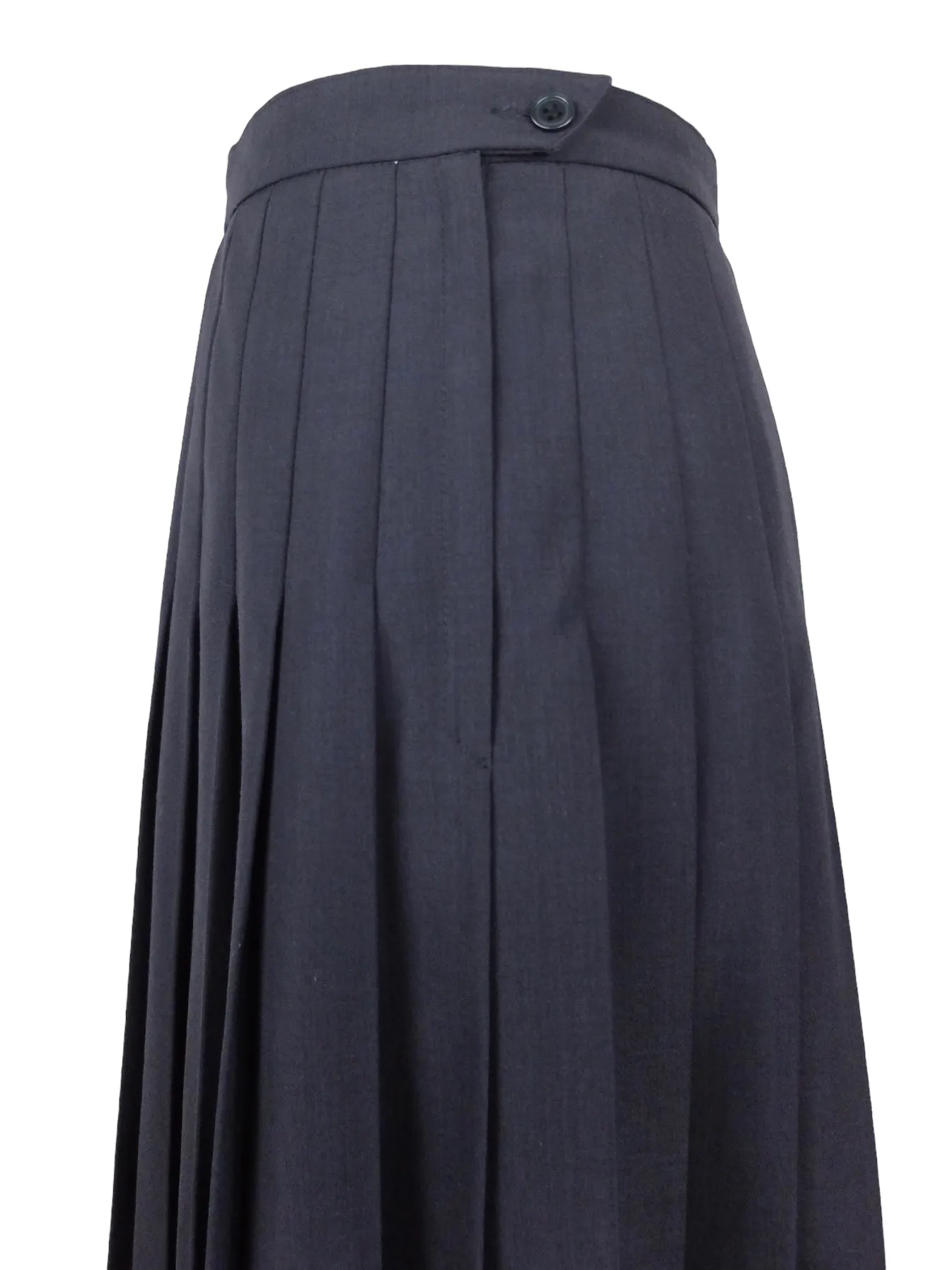 Vintage 90s Wool Blend Mod Navy Blue Solid Basic Preppy High Waisted Pleated A-Line Midi Skirt | 31 Inch Waist