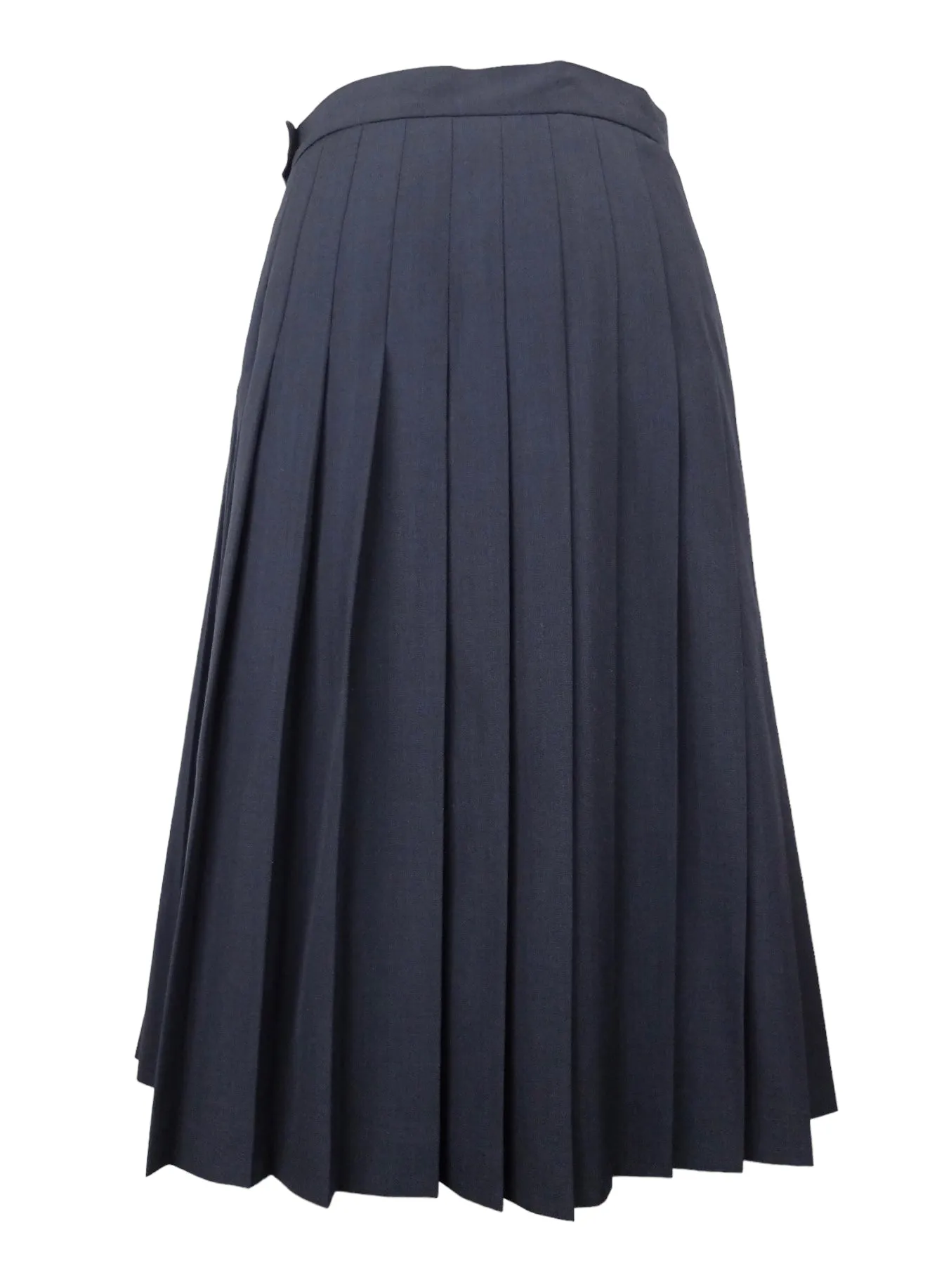 Vintage 90s Wool Blend Mod Navy Blue Solid Basic Preppy High Waisted Pleated A-Line Midi Skirt | 31 Inch Waist