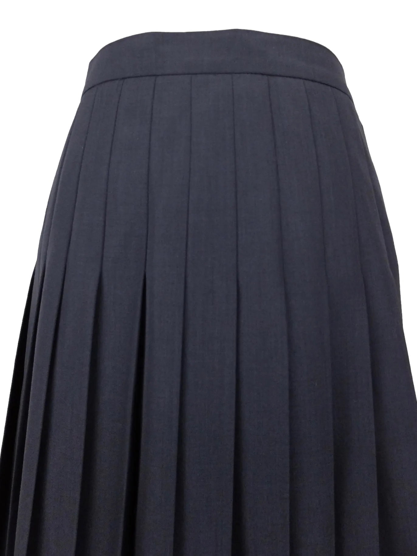 Vintage 90s Wool Blend Mod Navy Blue Solid Basic Preppy High Waisted Pleated A-Line Midi Skirt | 31 Inch Waist