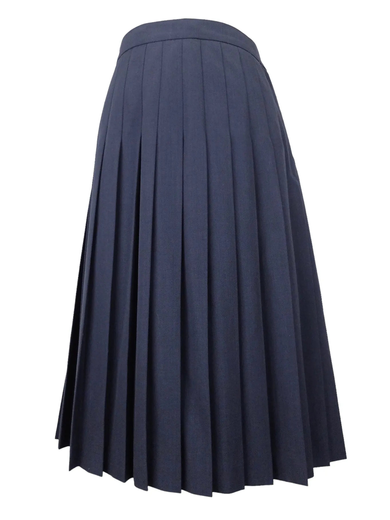 Vintage 90s Wool Blend Mod Navy Blue Solid Basic Preppy High Waisted Pleated A-Line Midi Skirt | 31 Inch Waist