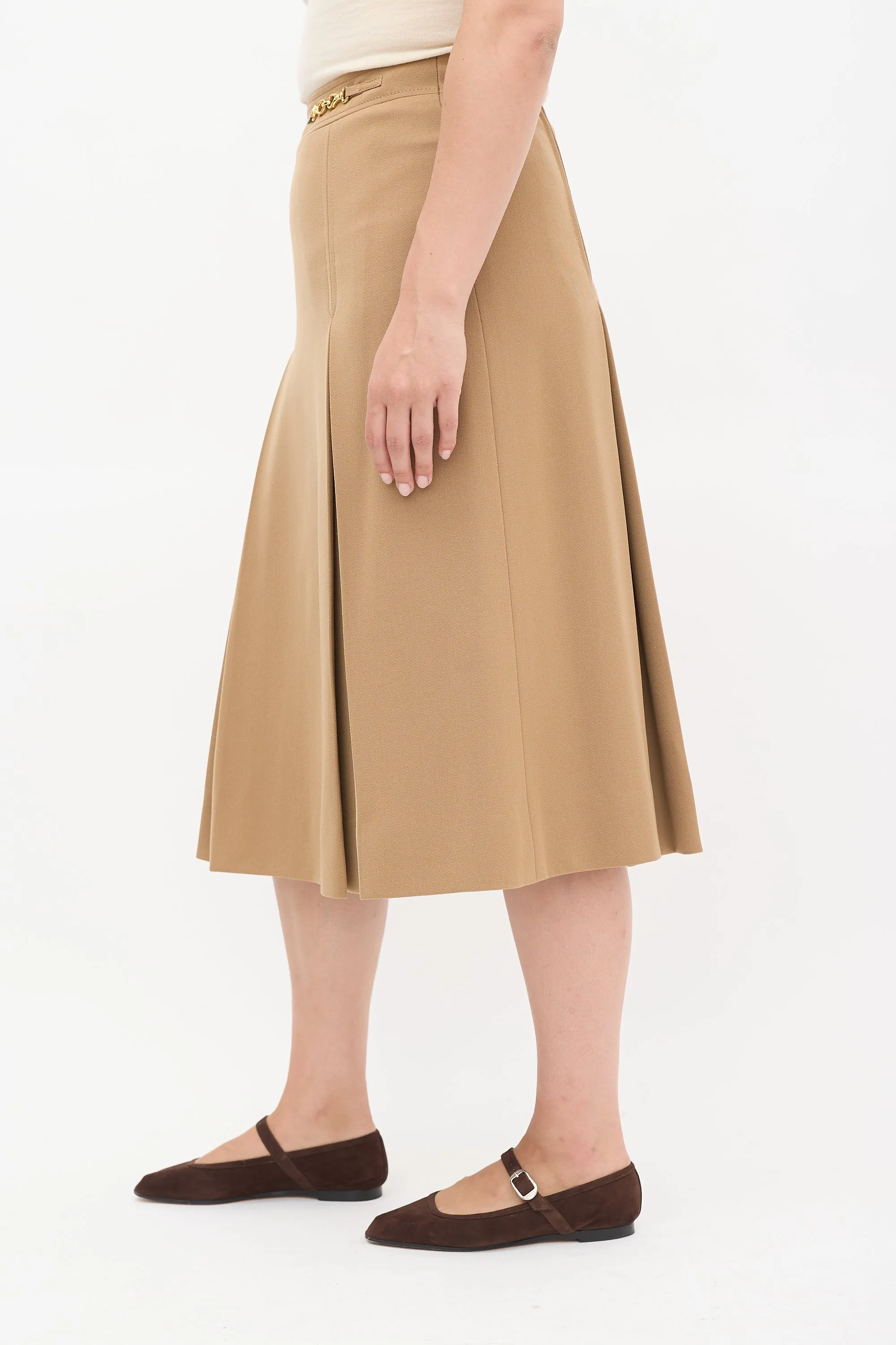 Vintage Brown Wool Box Pleated Midi Skirt