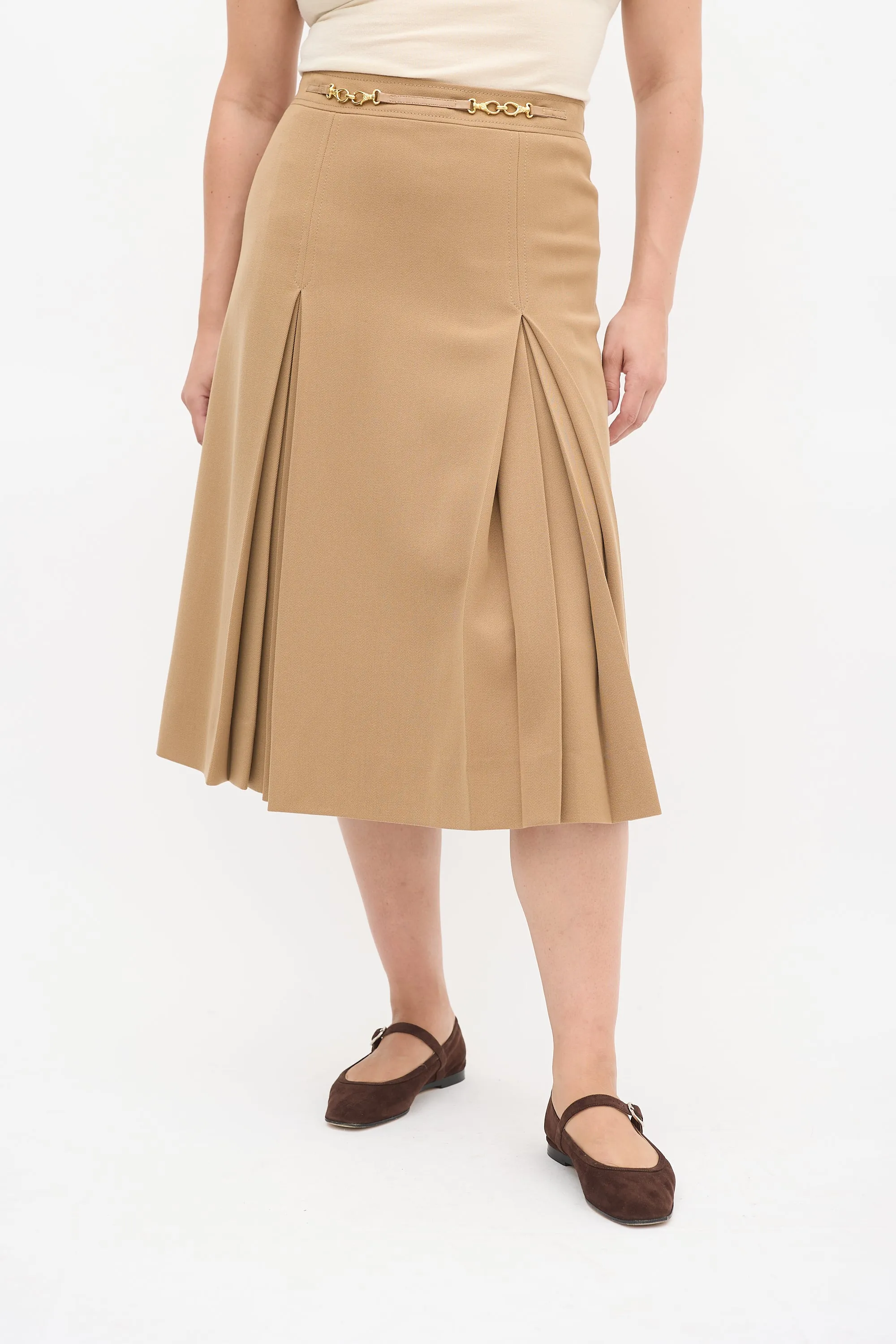 Vintage Brown Wool Box Pleated Midi Skirt