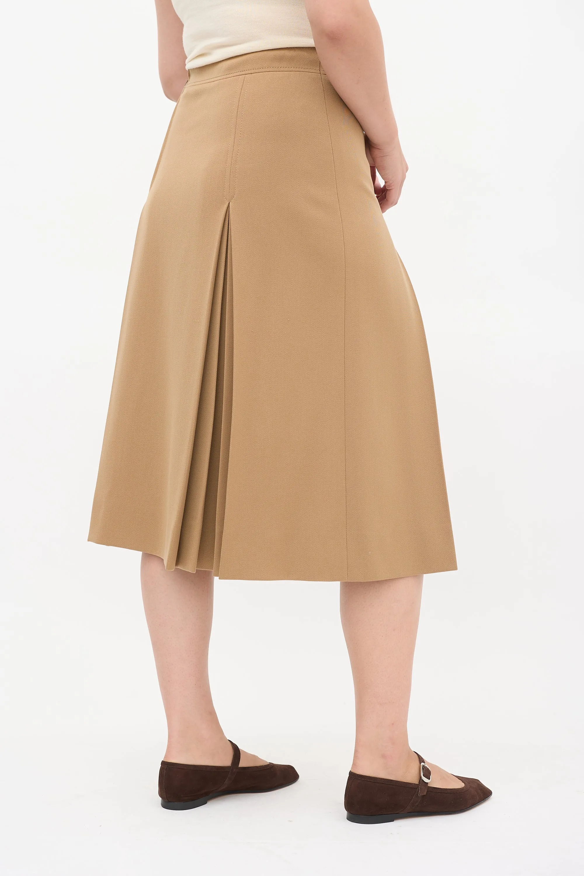 Vintage Brown Wool Box Pleated Midi Skirt