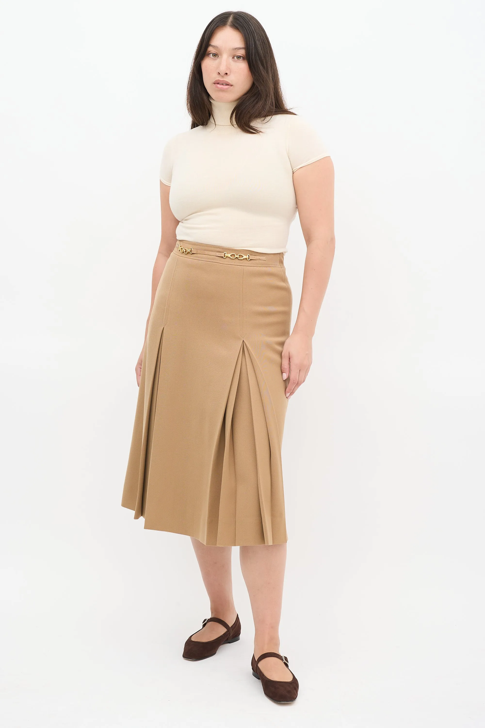 Vintage Brown Wool Box Pleated Midi Skirt