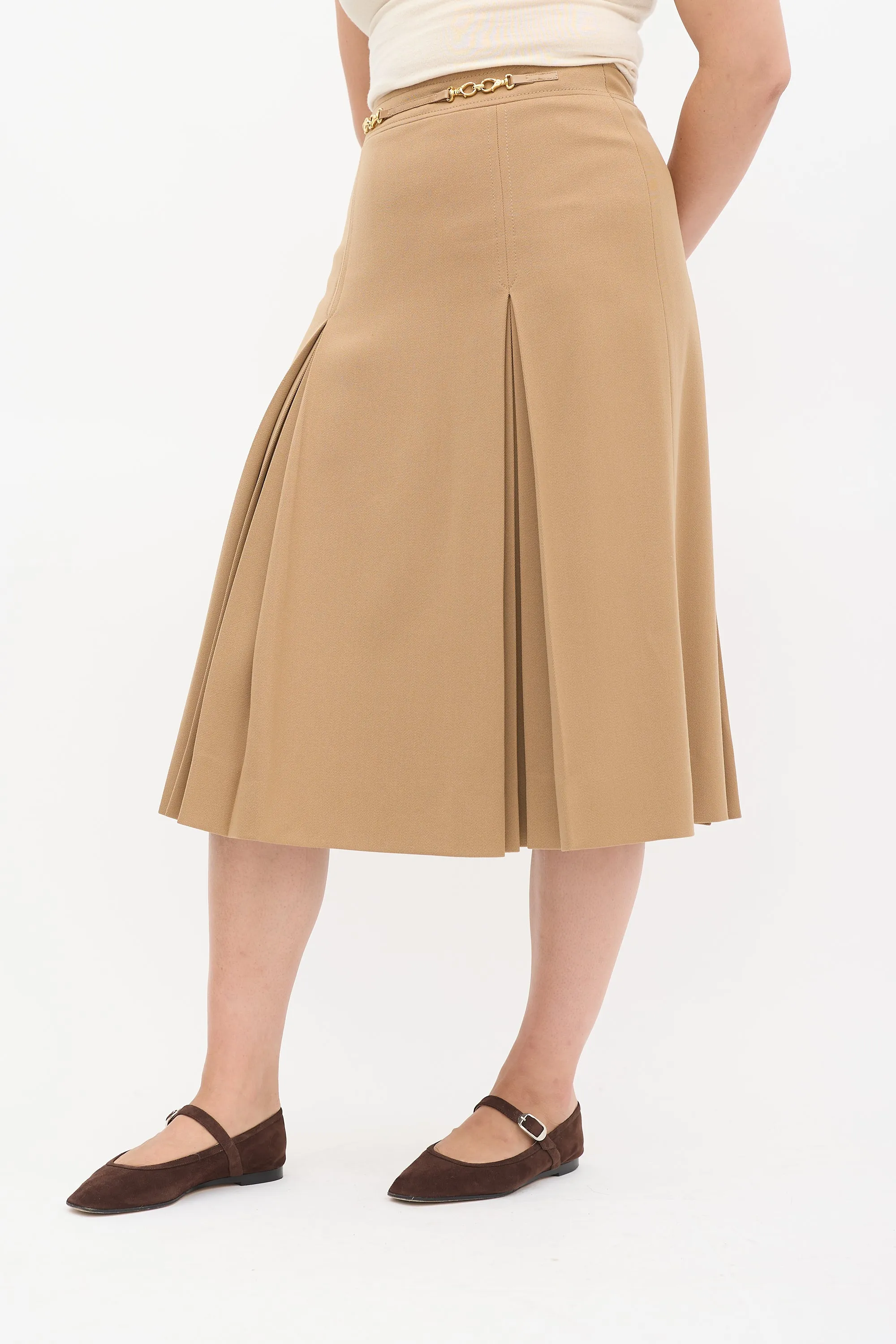 Vintage Brown Wool Box Pleated Midi Skirt