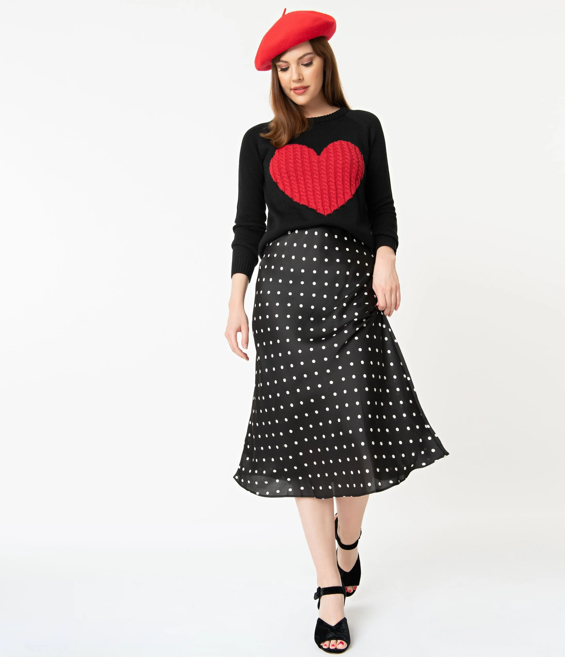 Vintage Style Black & White Polka Dot Midi Skirt