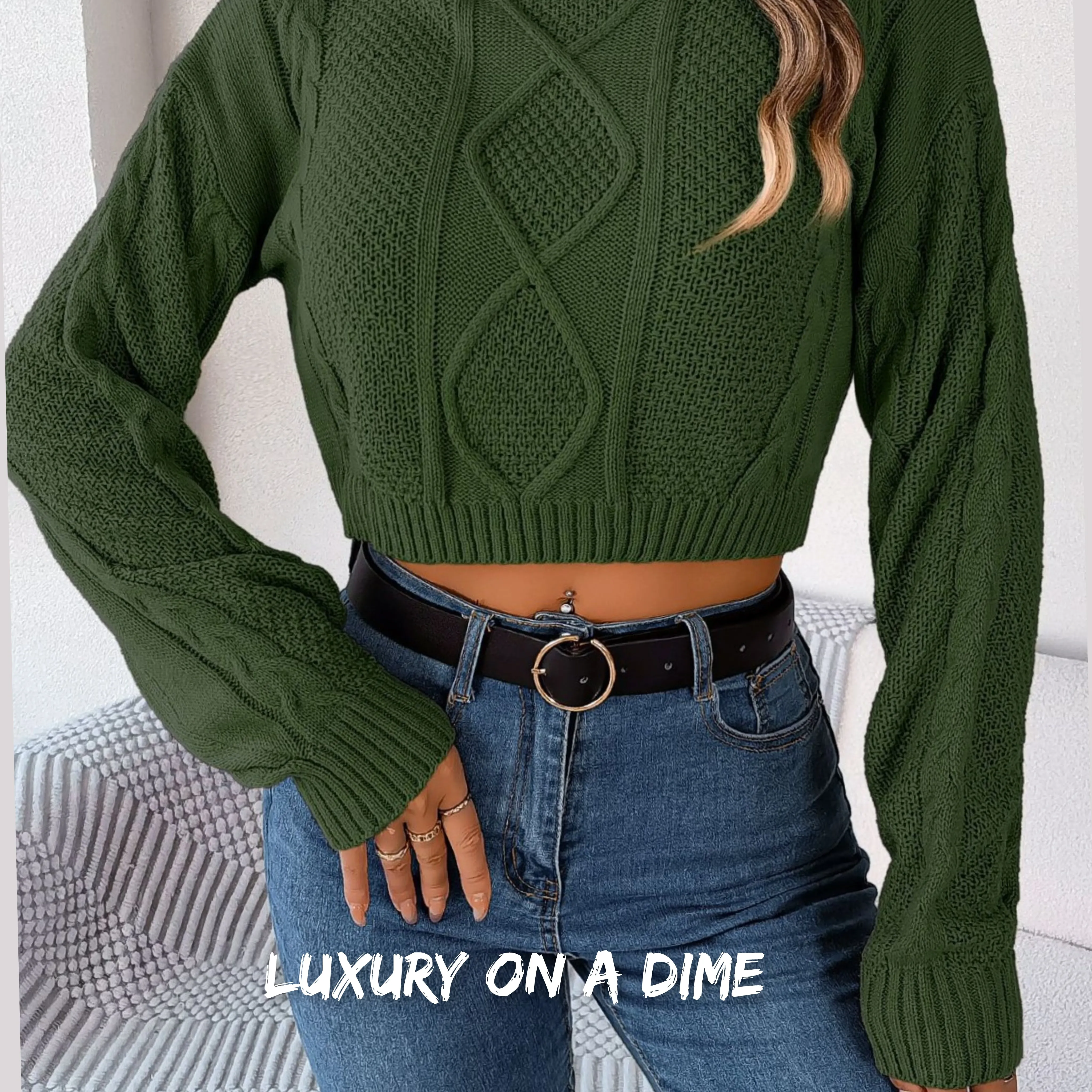 Waffle Cable Knit Crop Top Round Neck Long Sleeve Minimalist Sweater Shirt