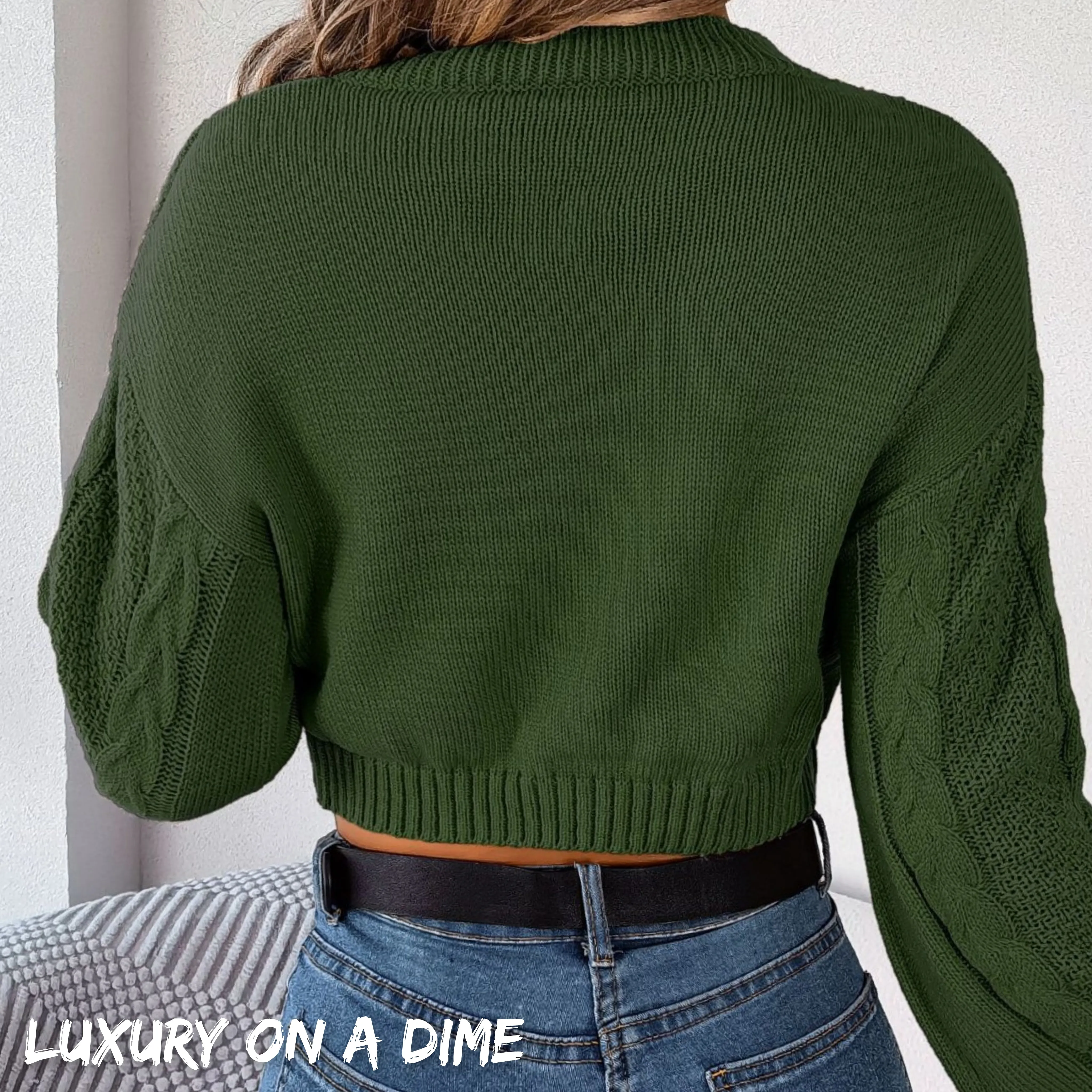 Waffle Cable Knit Crop Top Round Neck Long Sleeve Minimalist Sweater Shirt