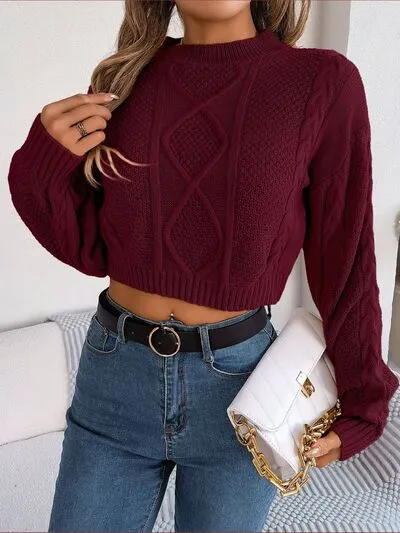 Waffle Cable Knit Crop Top Round Neck Long Sleeve Minimalist Sweater Shirt