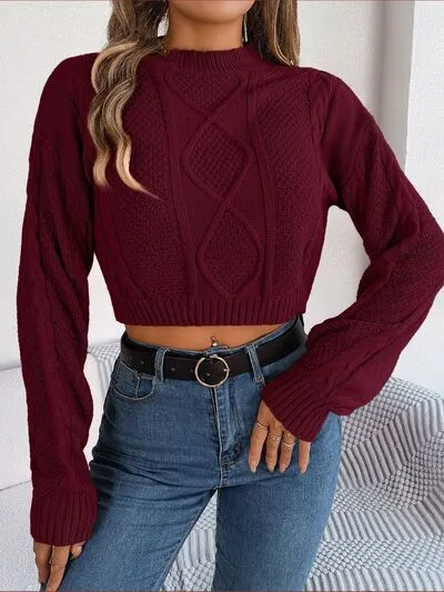 Waffle Cable Knit Crop Top Round Neck Long Sleeve Minimalist Sweater Shirt