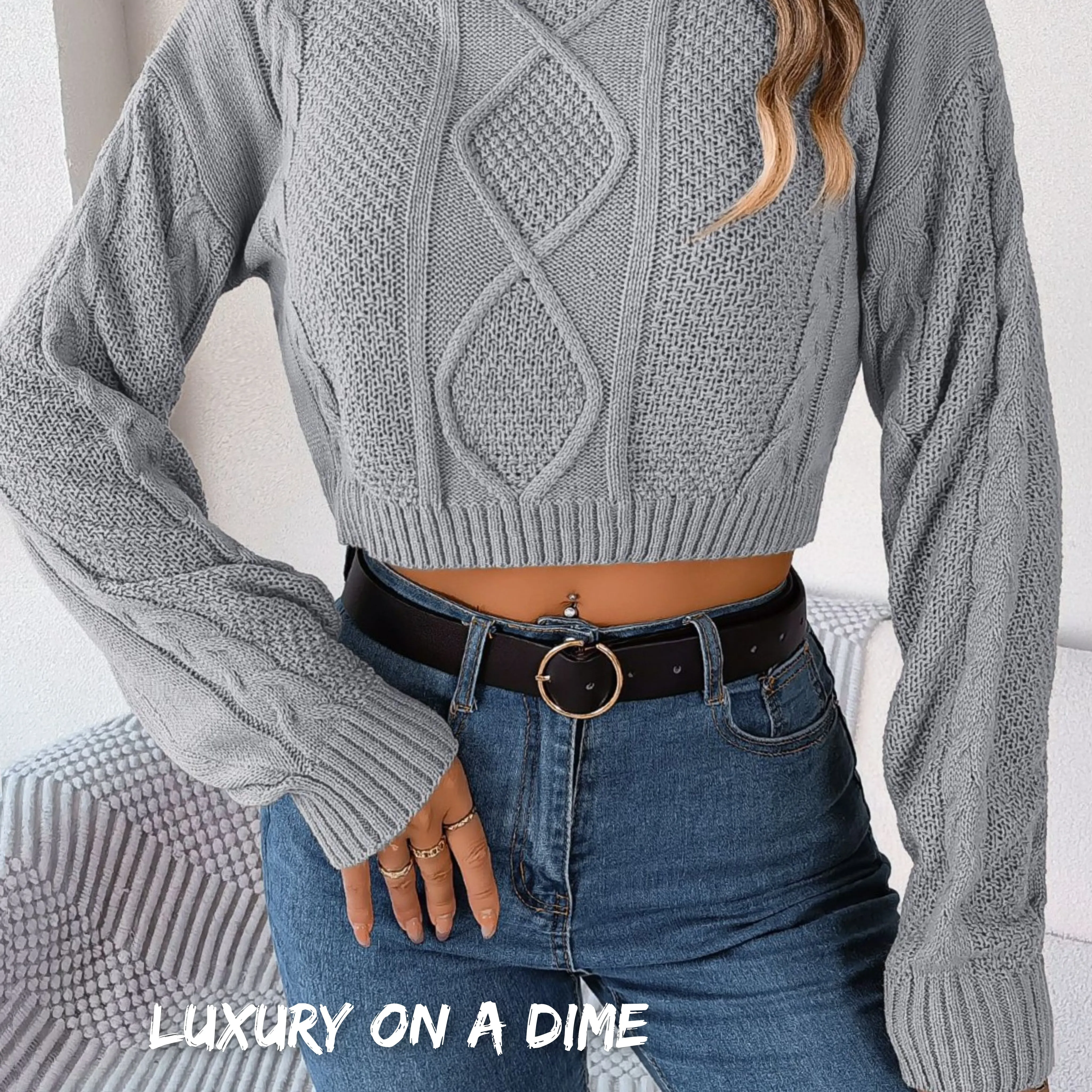 Waffle Cable Knit Crop Top Round Neck Long Sleeve Minimalist Sweater Shirt