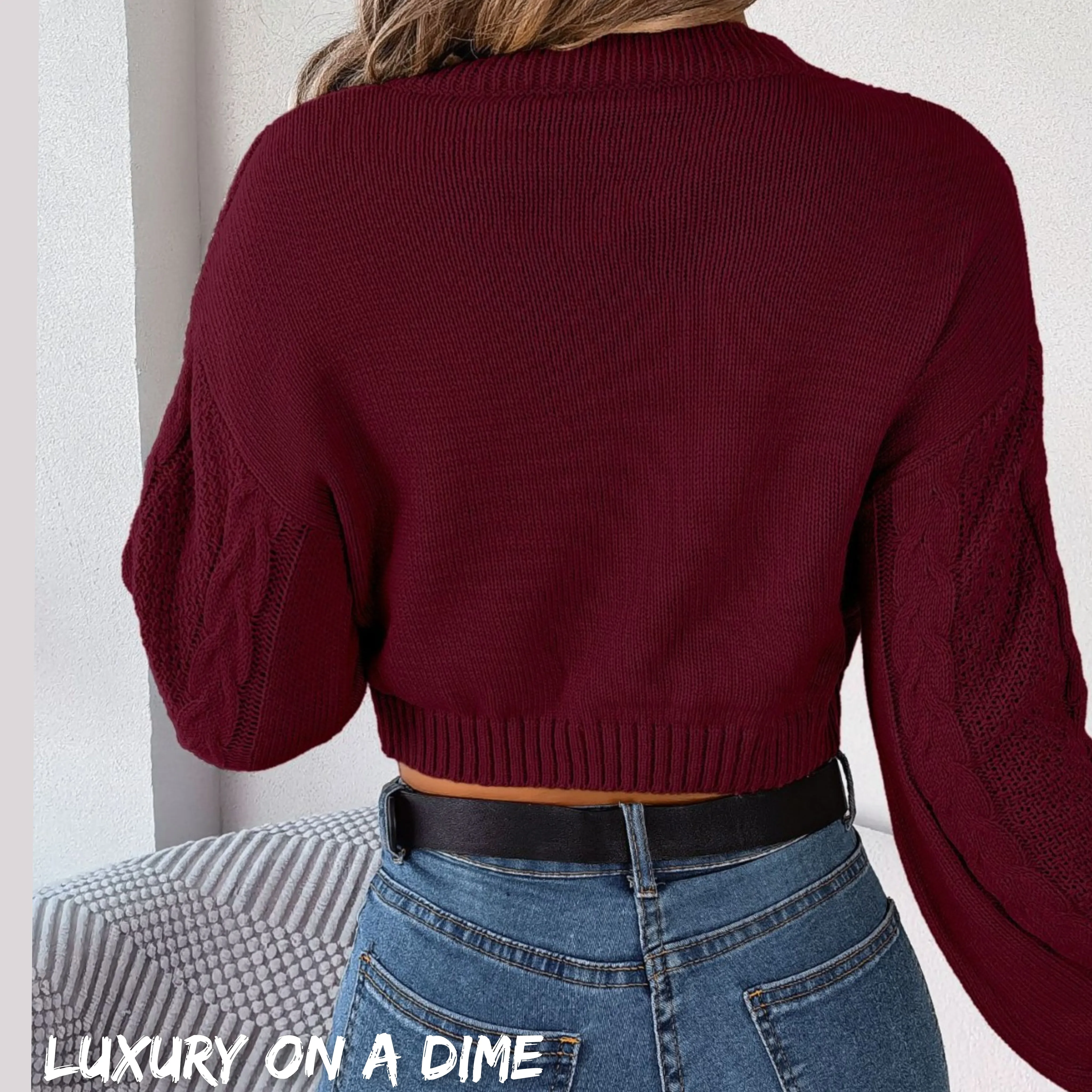 Waffle Cable Knit Crop Top Round Neck Long Sleeve Minimalist Sweater Shirt