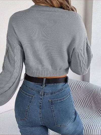 Waffle Cable Knit Crop Top Round Neck Long Sleeve Minimalist Sweater Shirt