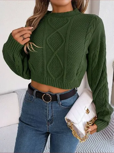 Waffle Cable Knit Crop Top Round Neck Long Sleeve Minimalist Sweater Shirt