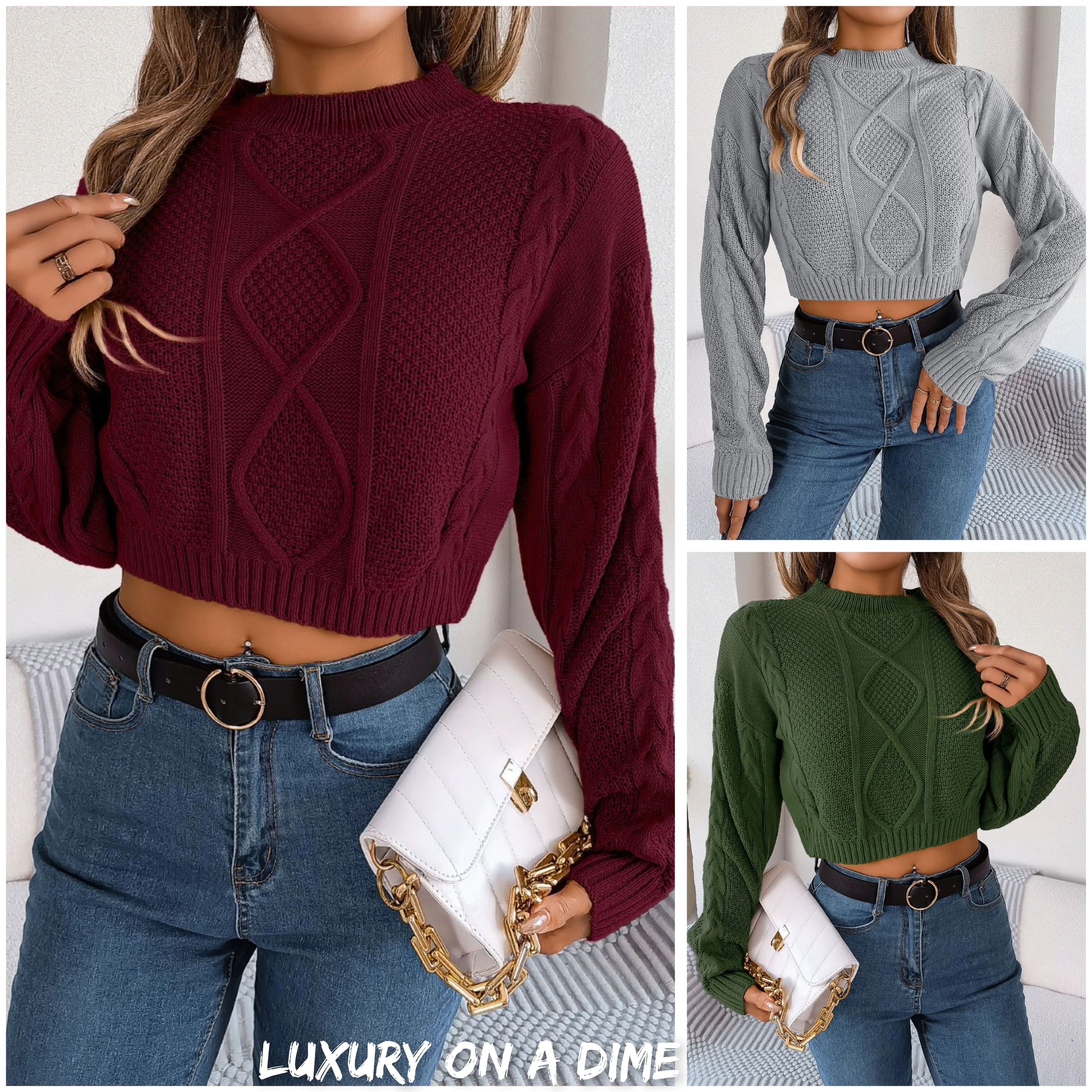 Waffle Cable Knit Crop Top Round Neck Long Sleeve Minimalist Sweater Shirt