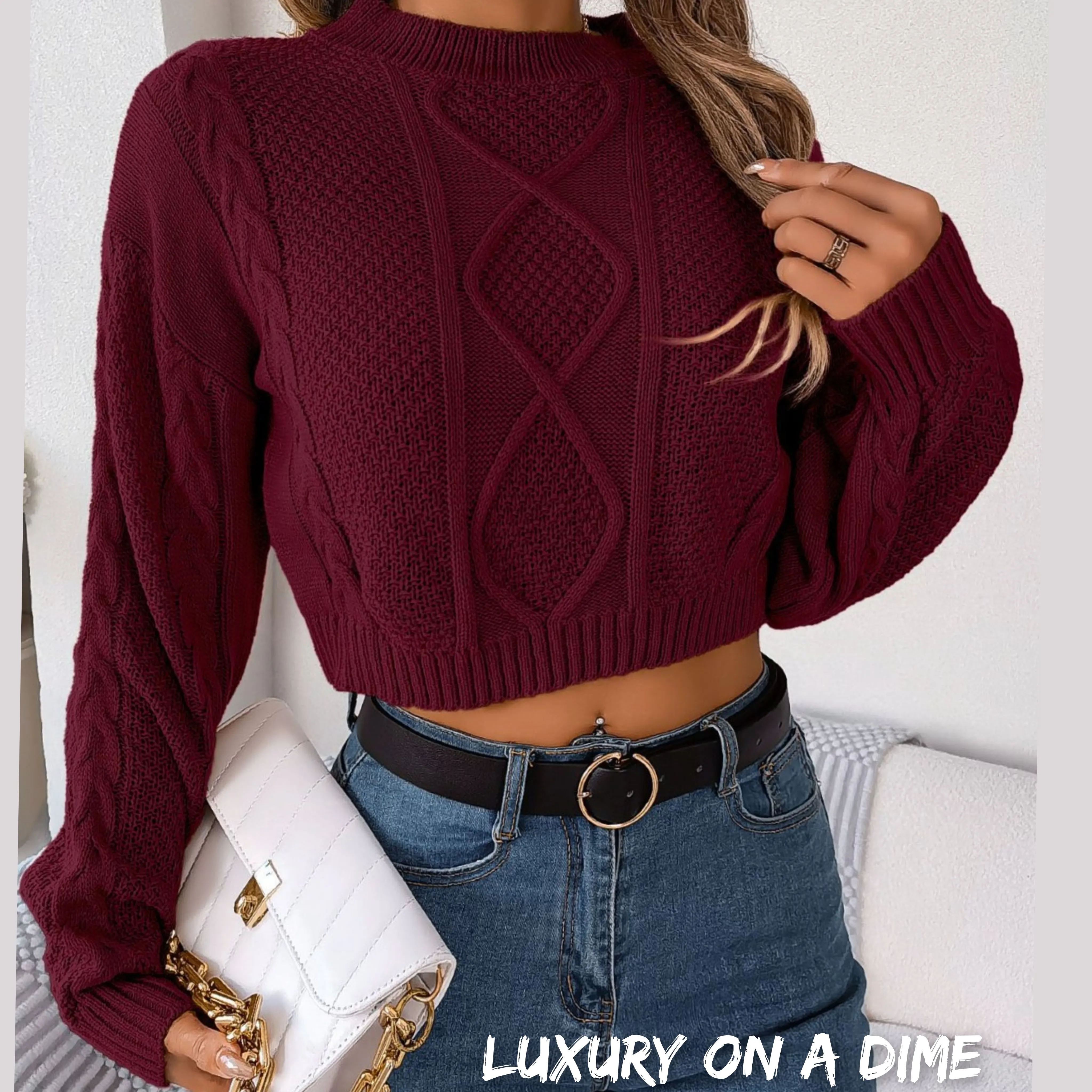 Waffle Cable Knit Crop Top Round Neck Long Sleeve Minimalist Sweater Shirt