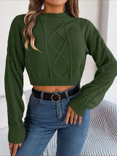 Waffle Cable Knit Crop Top Round Neck Long Sleeve Minimalist Sweater Shirt