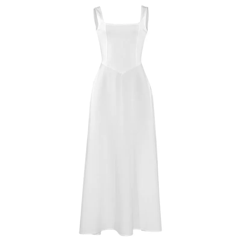 Wenkouban white dress Solid Color Square Collar Sleeveless Sling Long Fashion Women's Clothing Dress