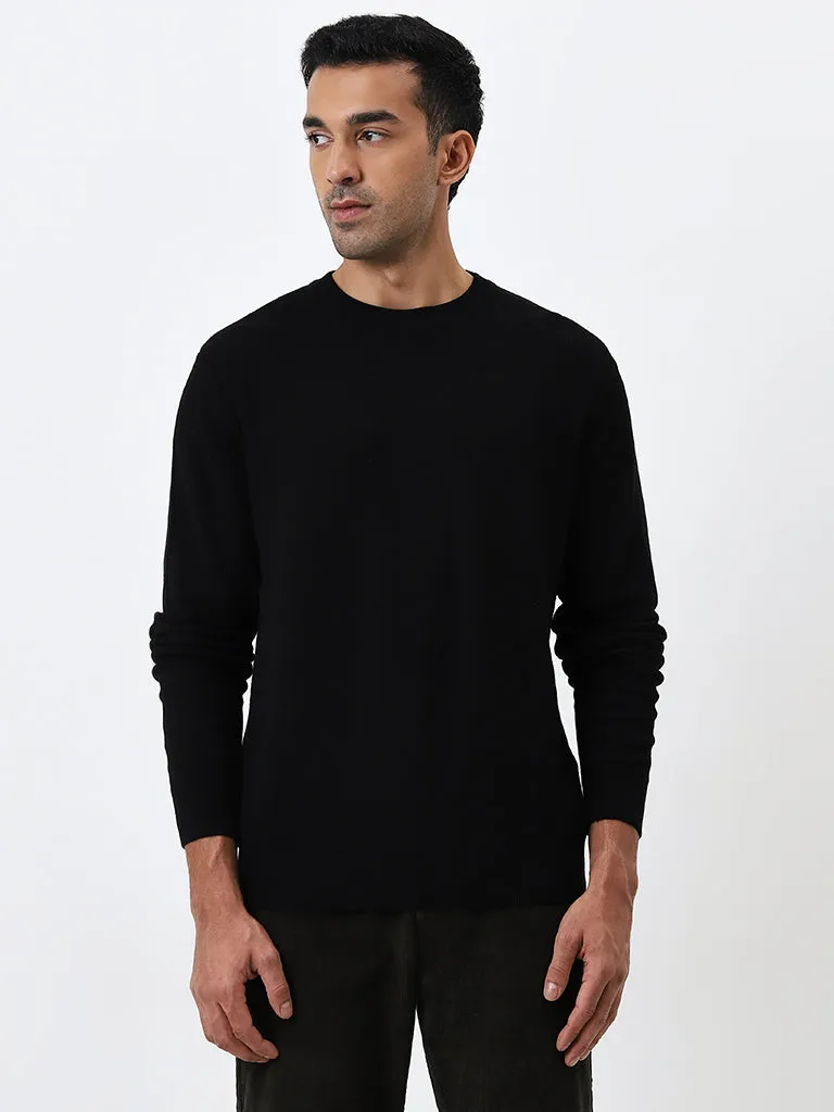 WES Formals Black Textured Slim Fit Sweater