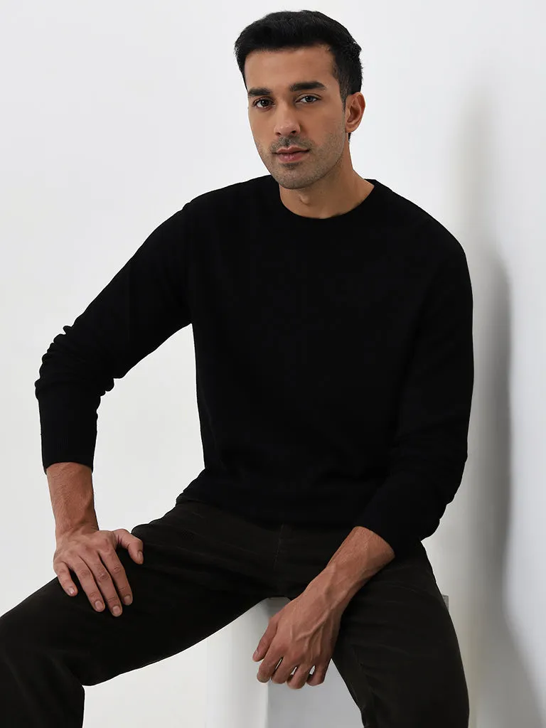 WES Formals Black Textured Slim Fit Sweater