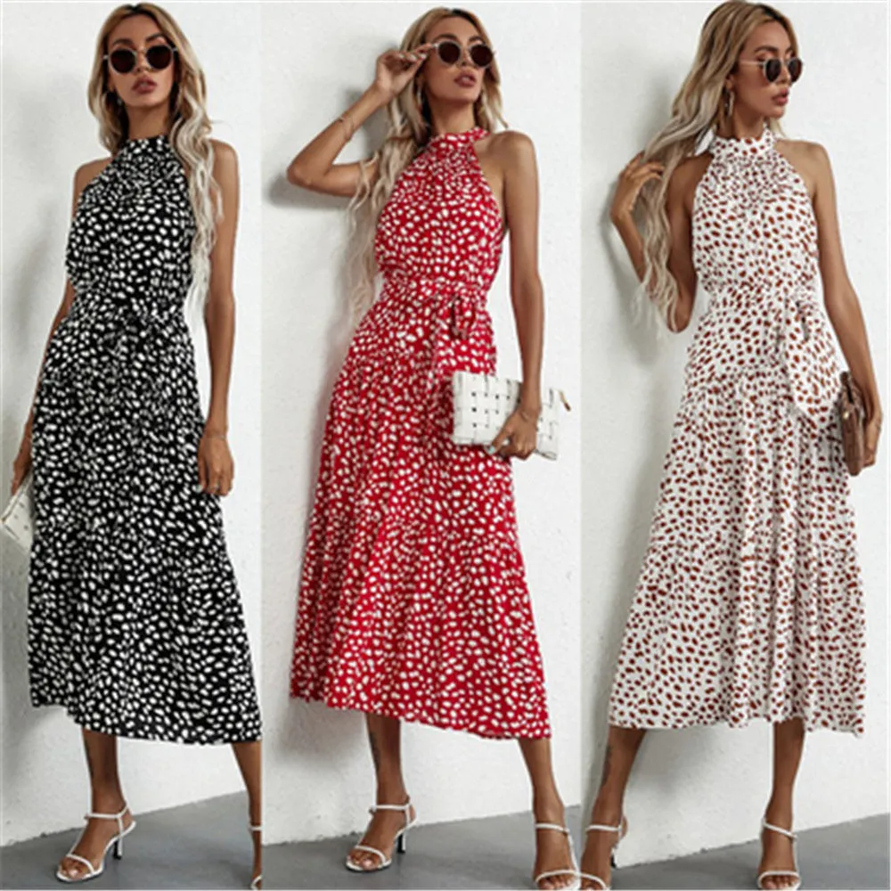 Wjczt 2024 fall fashion trends Spring and Summer New EBay Polka Dot Rayon Printed Halter Strap Waist-Tight Dress