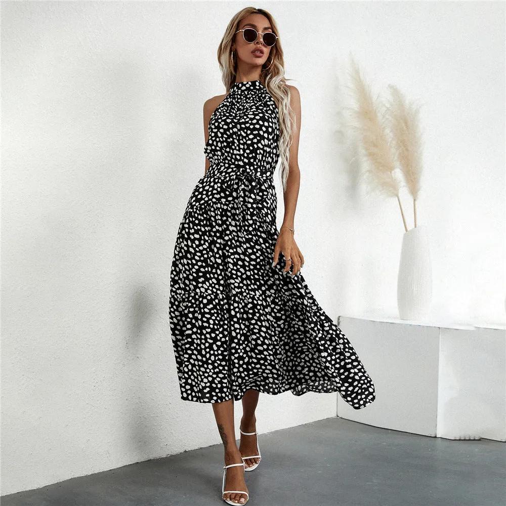 Wjczt 2024 fall fashion trends Spring and Summer New EBay Polka Dot Rayon Printed Halter Strap Waist-Tight Dress