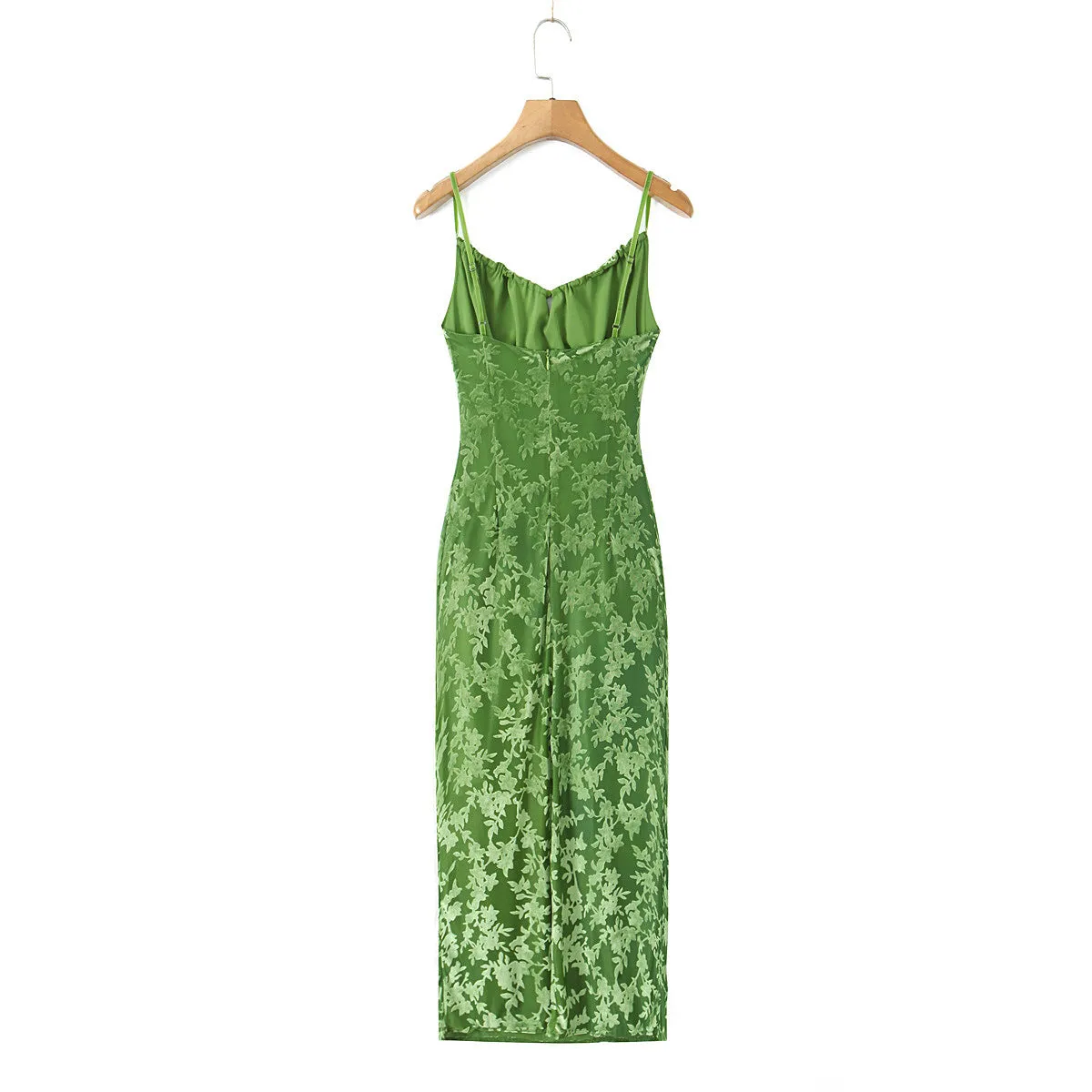 Wjczt prom dresses French Style Niche Summer Retro Green Flocking Printed Sling Dress Hot Girl Slim Lace-up Sheath Dress for Women